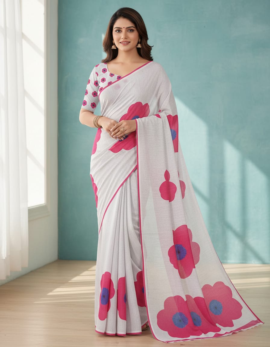 Sky Blue Floral Print Saree