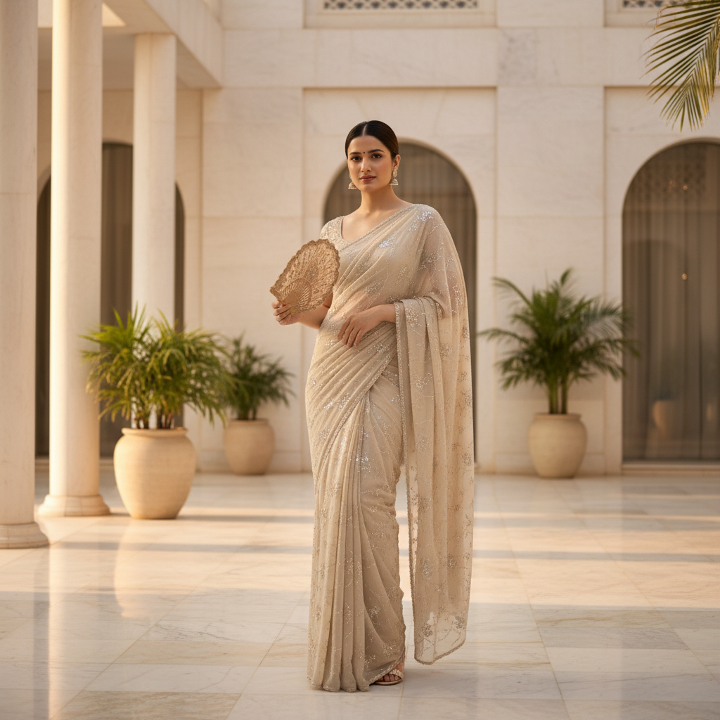 Elegant Beige Sequin Saree