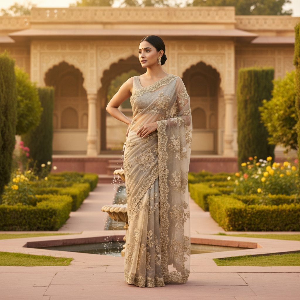 Elegant Beige Embroidered Saree