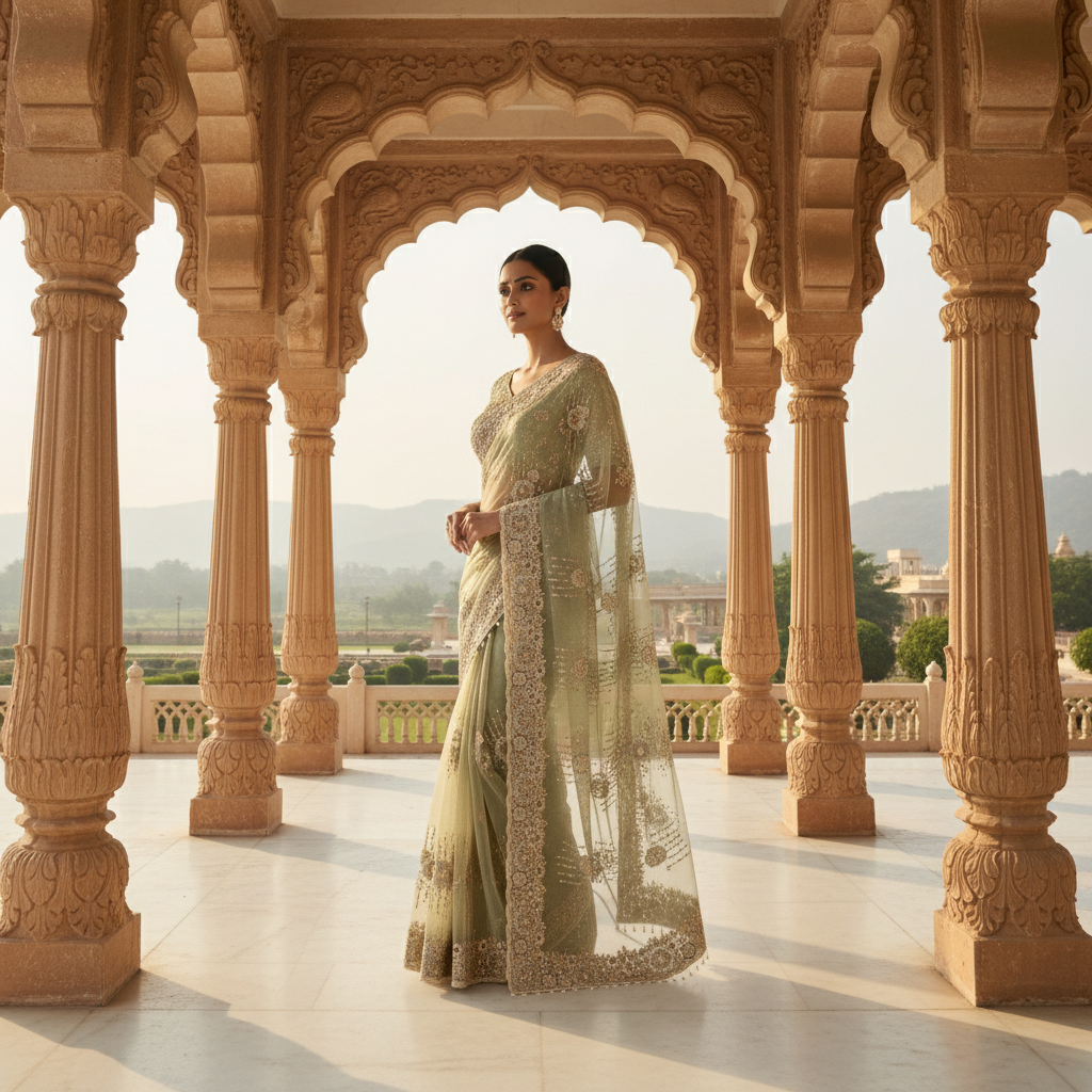 Elegant Net Embroidered Saree