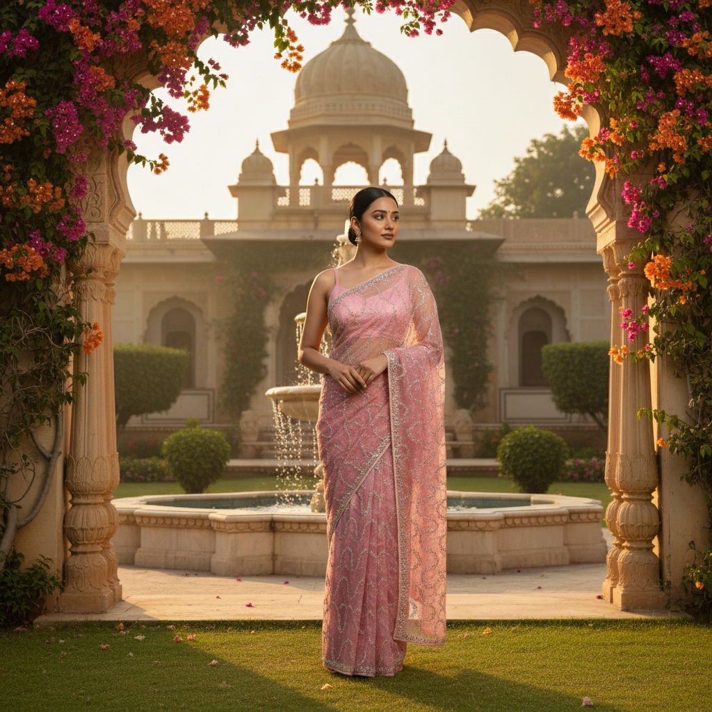 Elegant Pink Net Saree