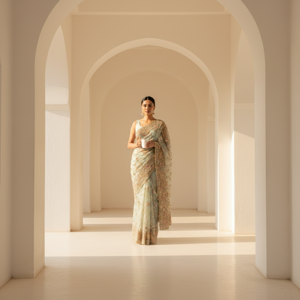 Pastel Embroidered Silk Saree