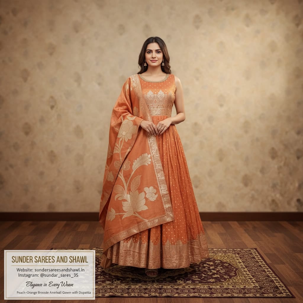 Peach Orange Brocade Anarkali Gown with Dupatta