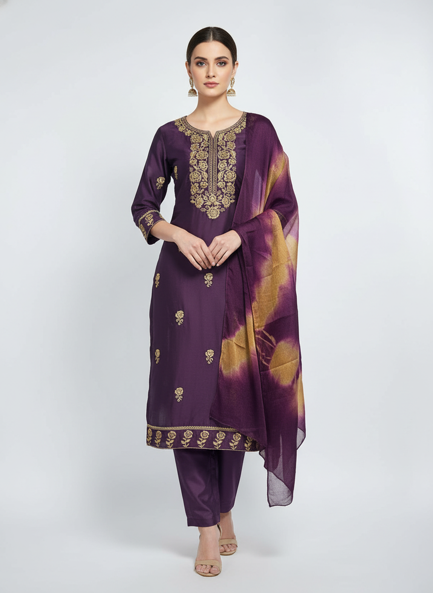 Purple Embroidered Suit Fabric