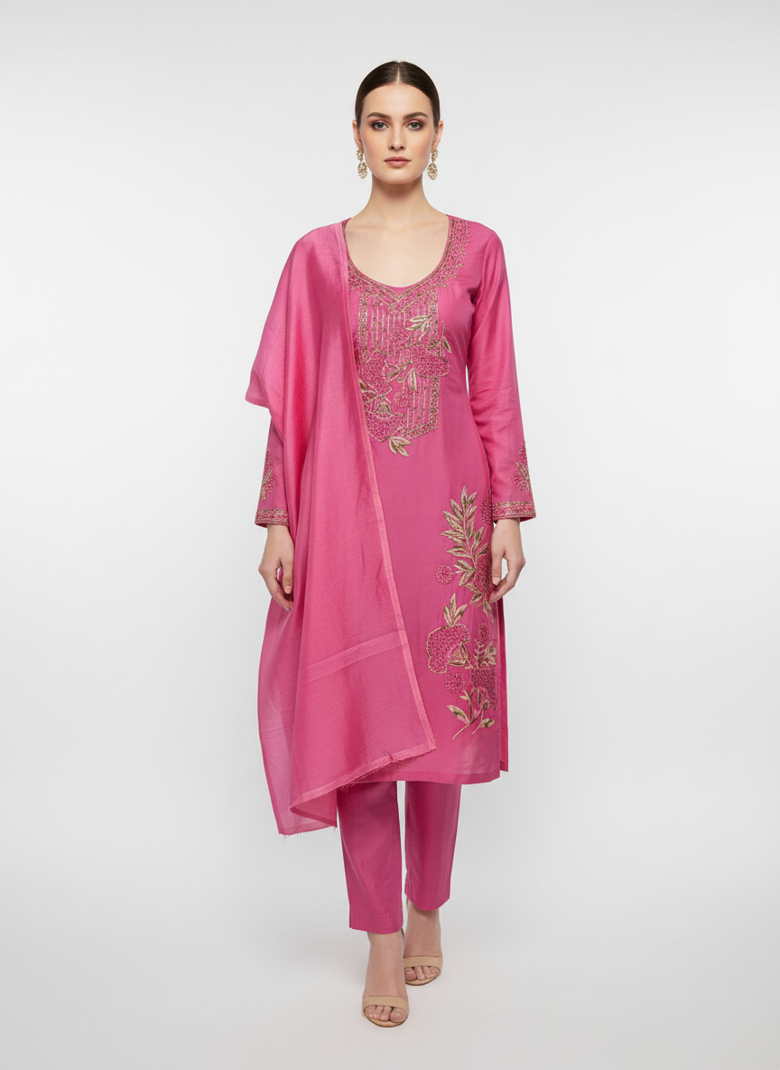 Embroidered Pink Glace Cotton Suit Fabric 