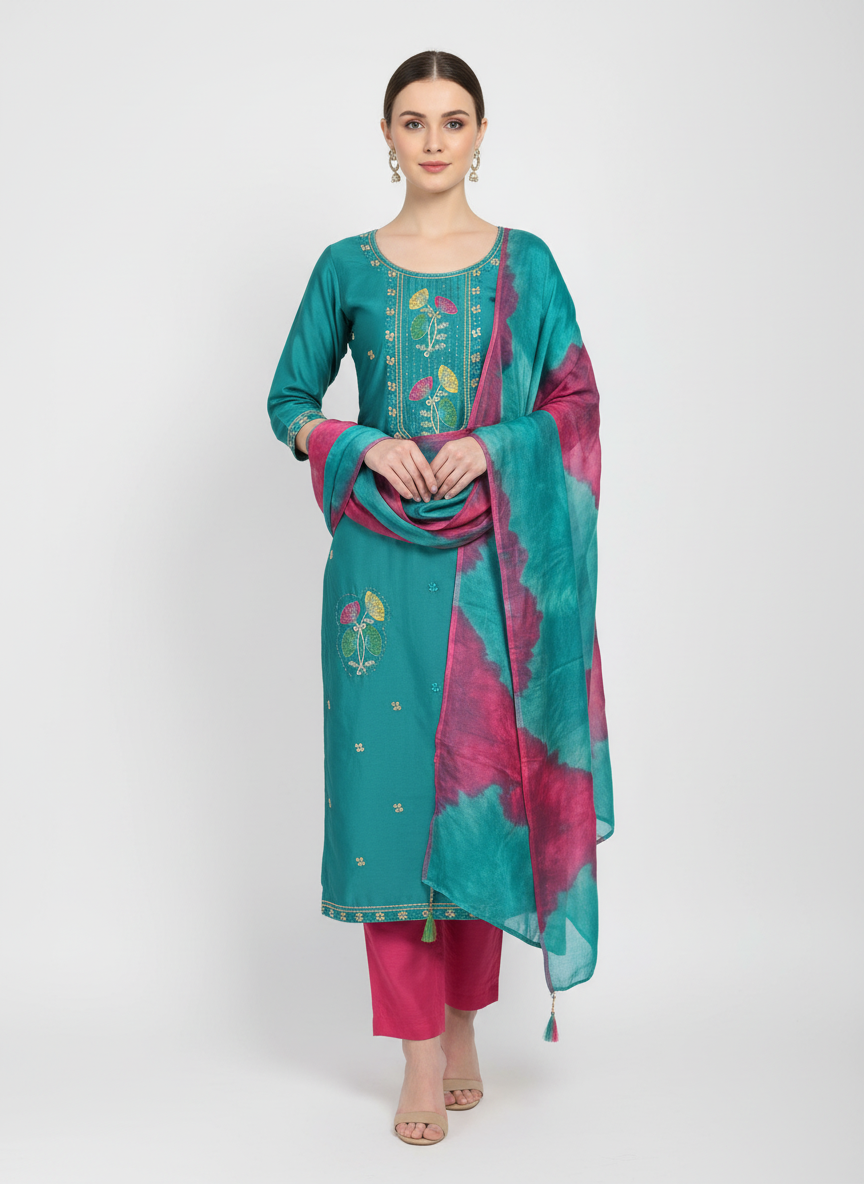 Teal & Pink Embroidered Organza Suit Fabric