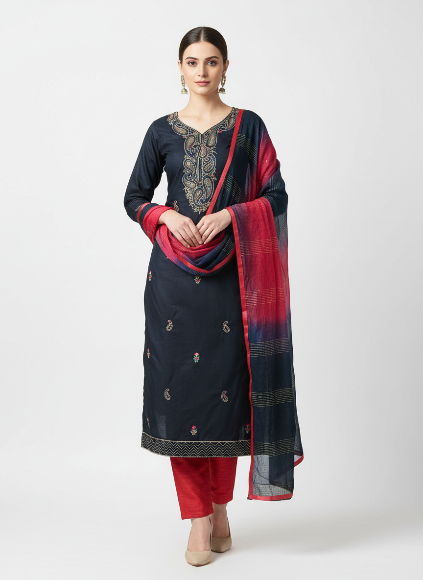 Embroidered Navy Blue Glace Cotton Suit Fabric