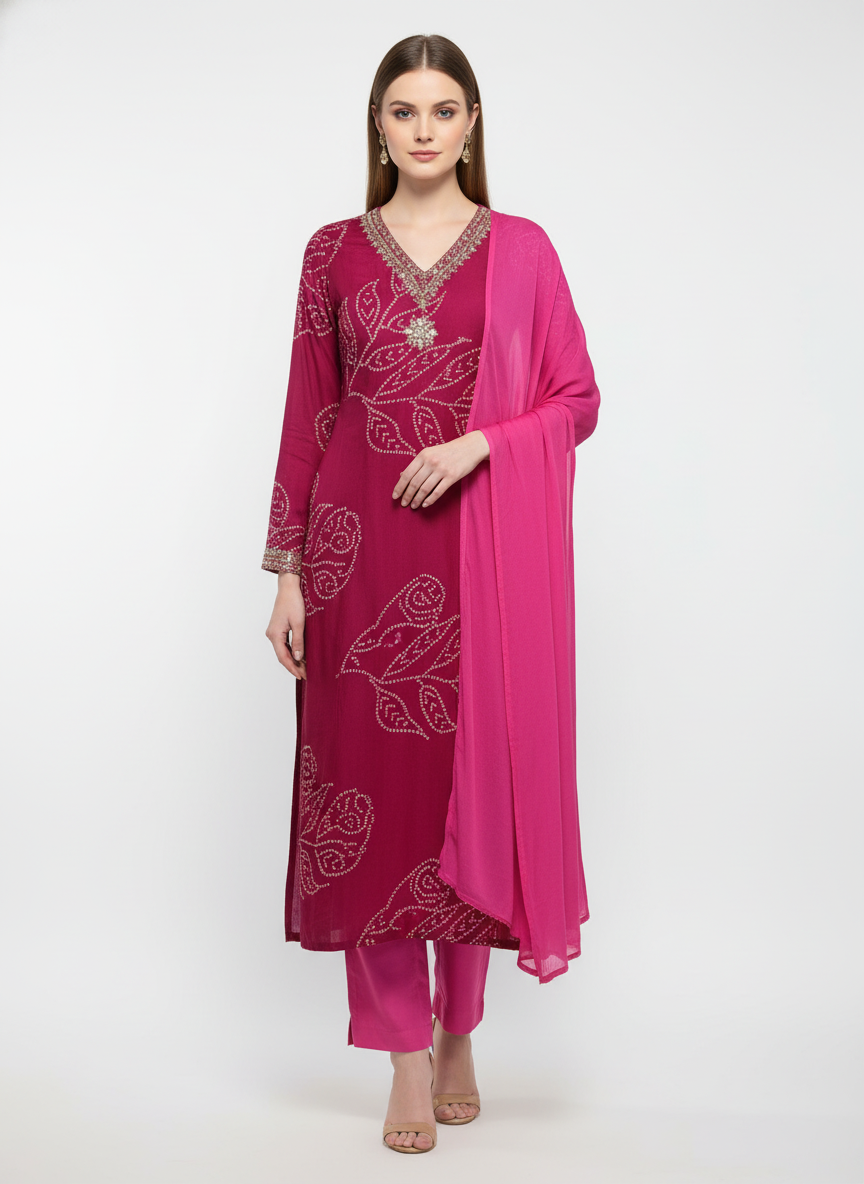 Magenta Embroidered Cotton Suit Fabric 