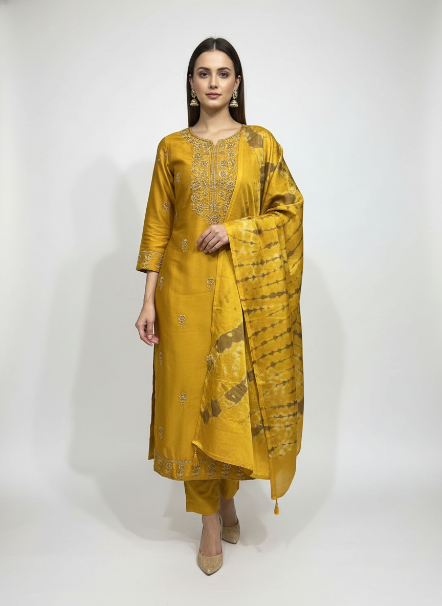 Mustard Yellow Embroidered Suit Fabric