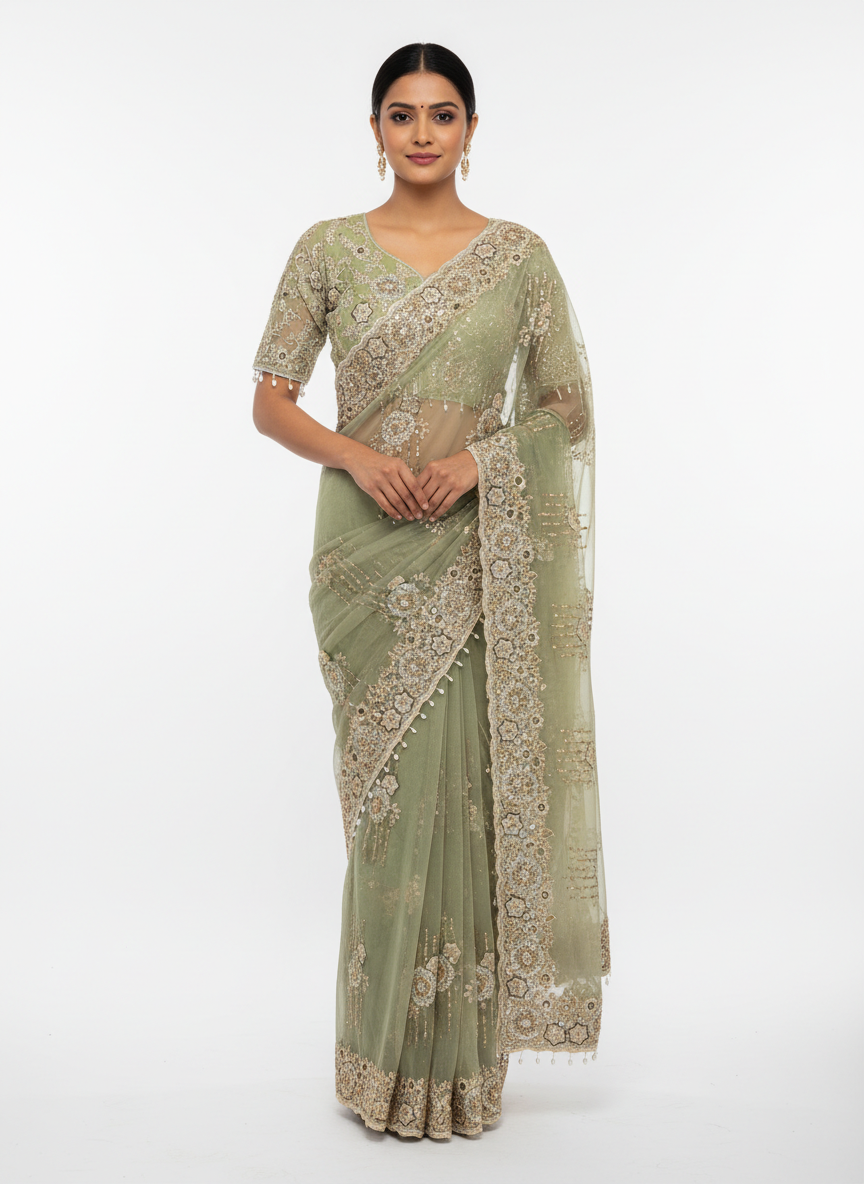 Elegant Net Embroidered Saree
