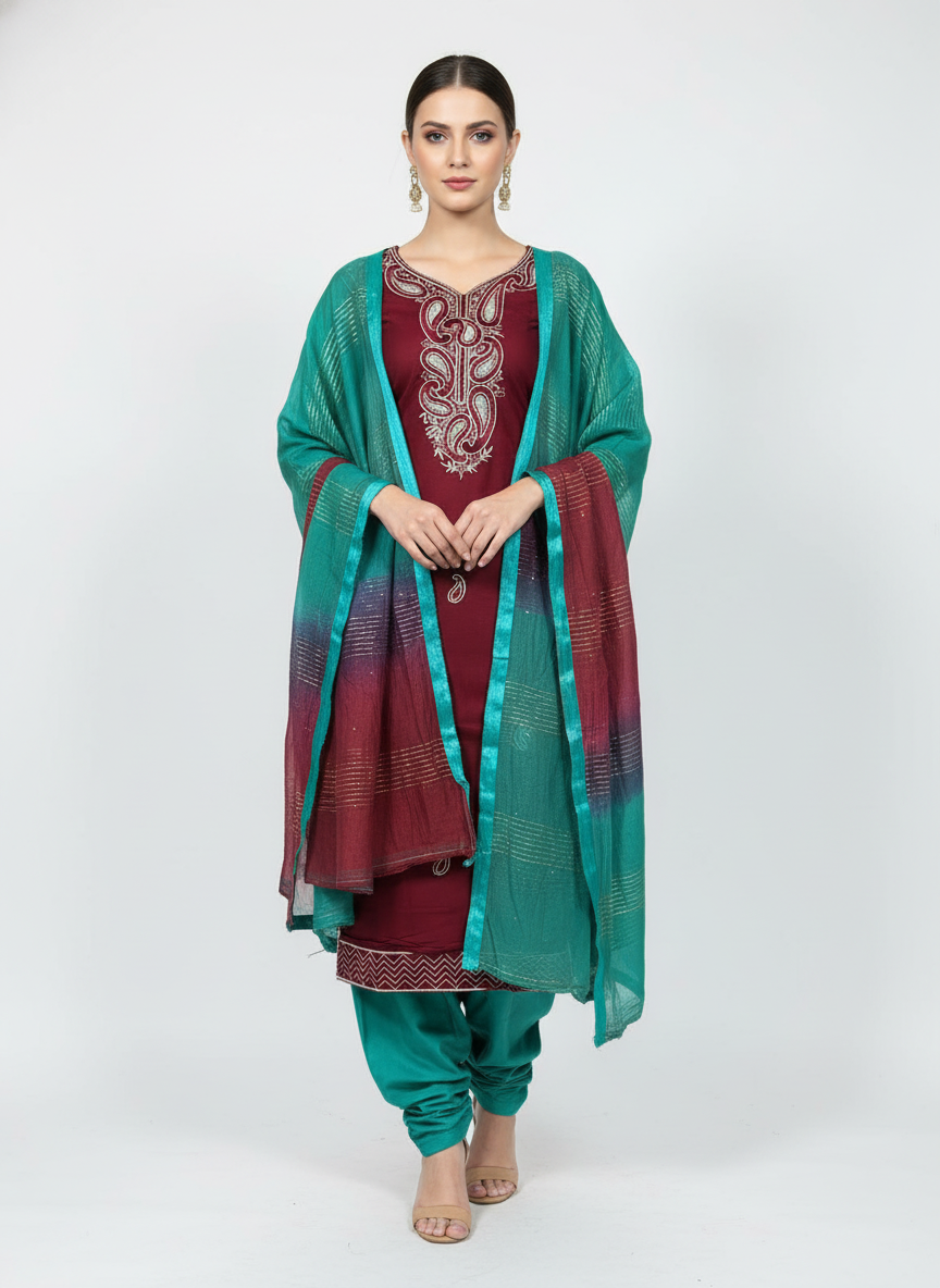 Maroon and Teal Embroidered Glace Cotton Suit Fabric