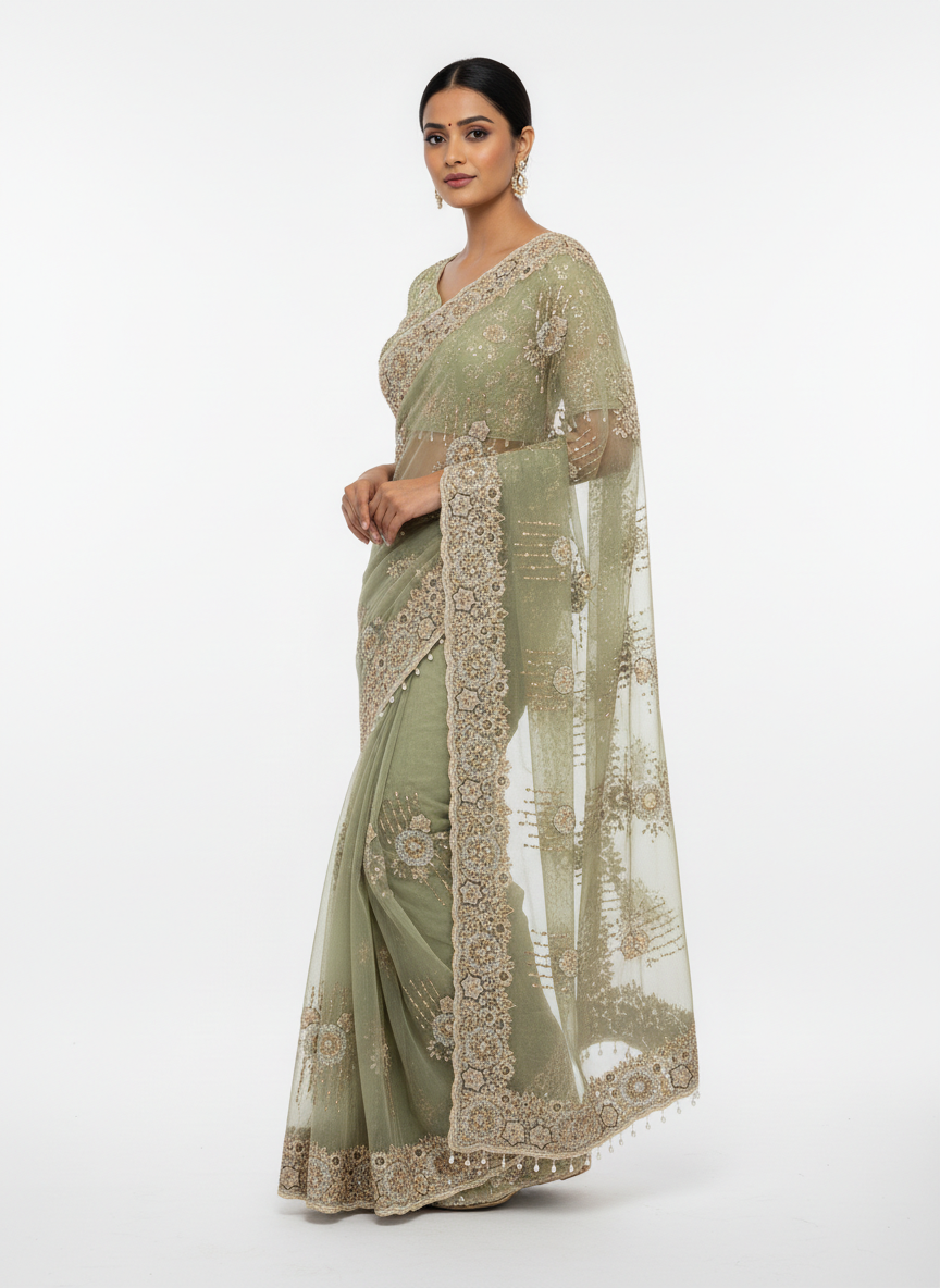 Elegant Net Embroidered Saree