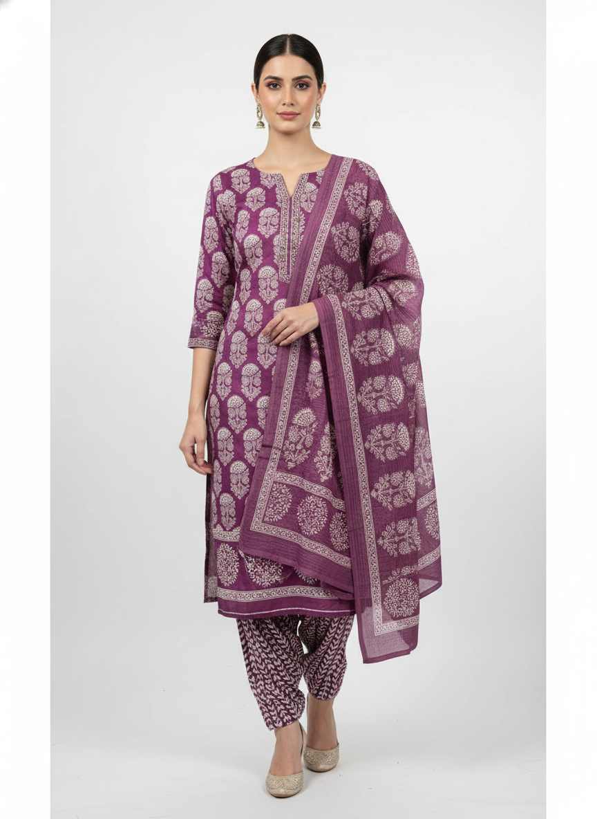 Piyazi Purple Printed Cotton Suit Fabric