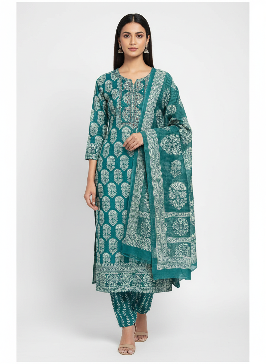 Sea Green Printed Cotton Suit Fabric