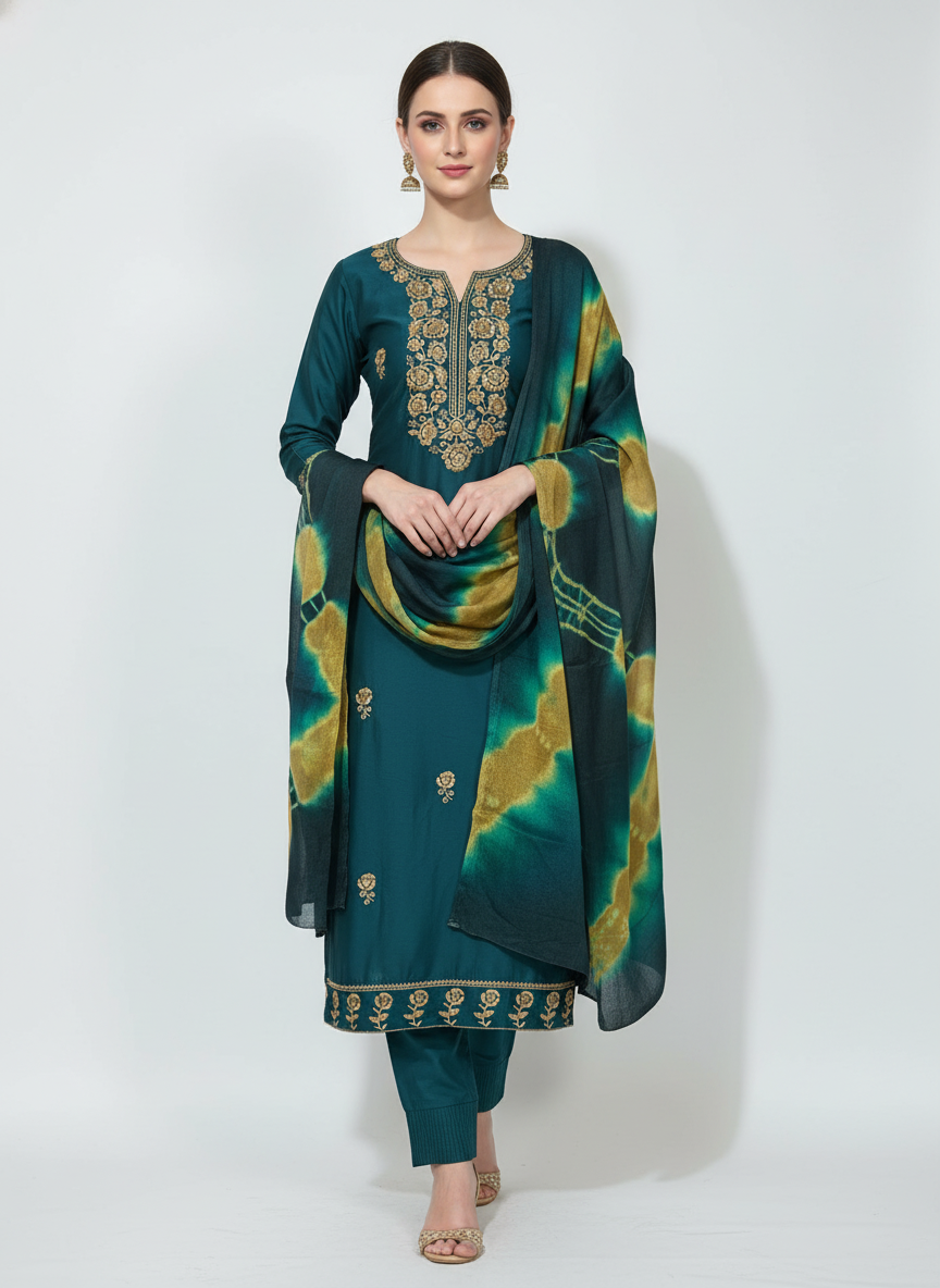 Embroidered Teal Suit Fabric