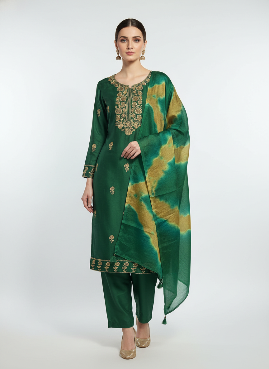 Bottle Green Embroidered Suit Fabric