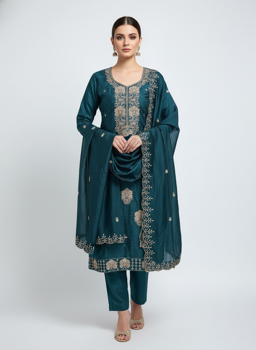 Embroidered Teal Glace Cotton Suit Fabric 