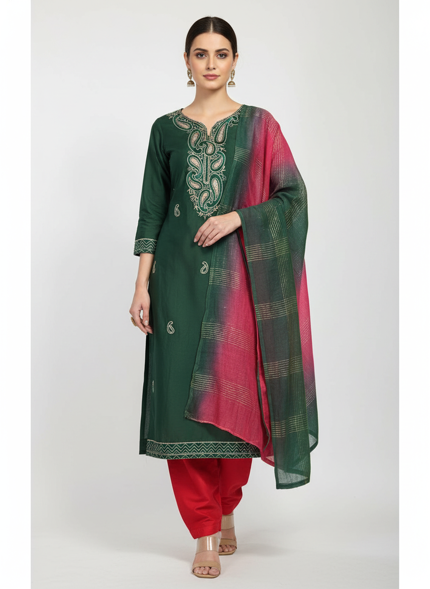 Embroidered Green Glace Cotton Suit Fabric