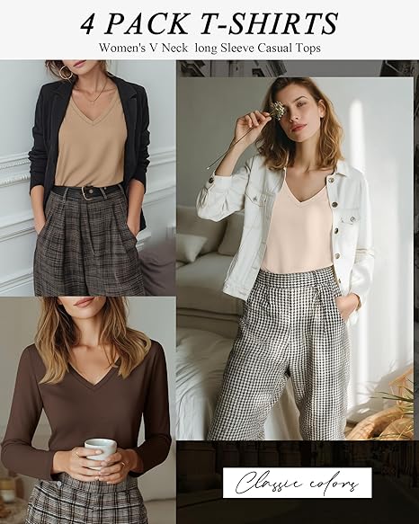 女士 V 领长袖休闲上衣，宽松版型基础百搭衬衫