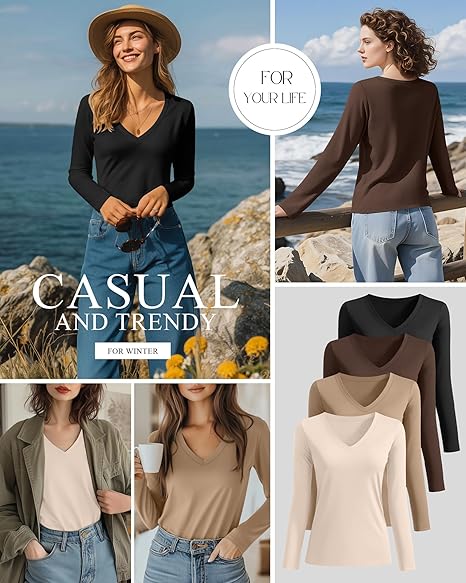 女士 V 领长袖休闲上衣，宽松版型基础百搭衬衫