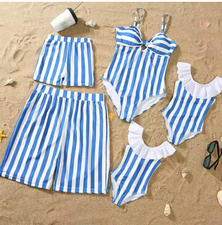 Blue and White Family Matching Swimsuits