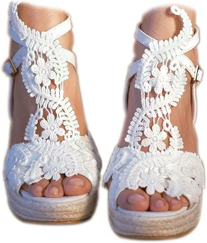White Floral Lace Wedge Sandals