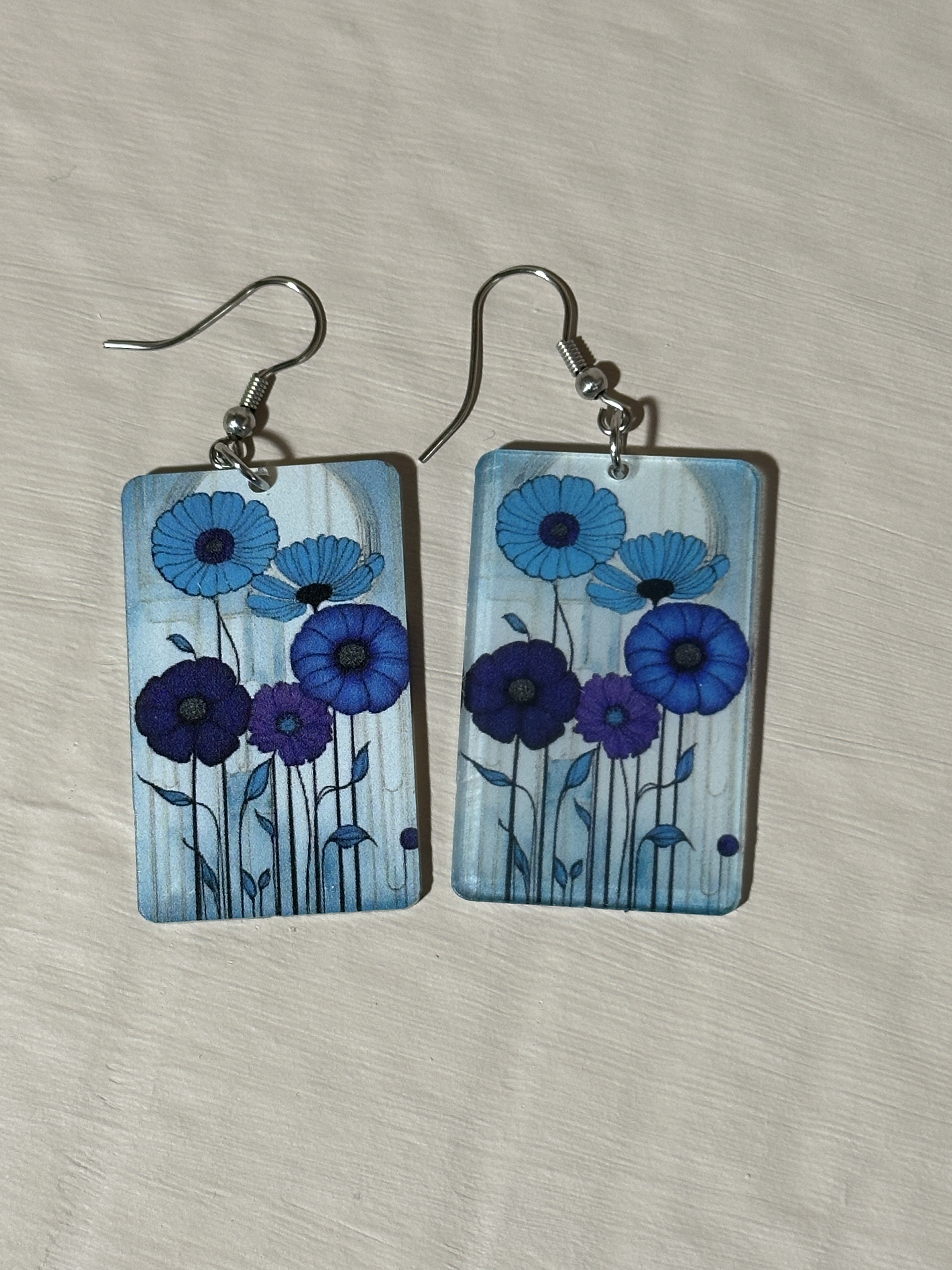Blue Floral Rectangle Earrings