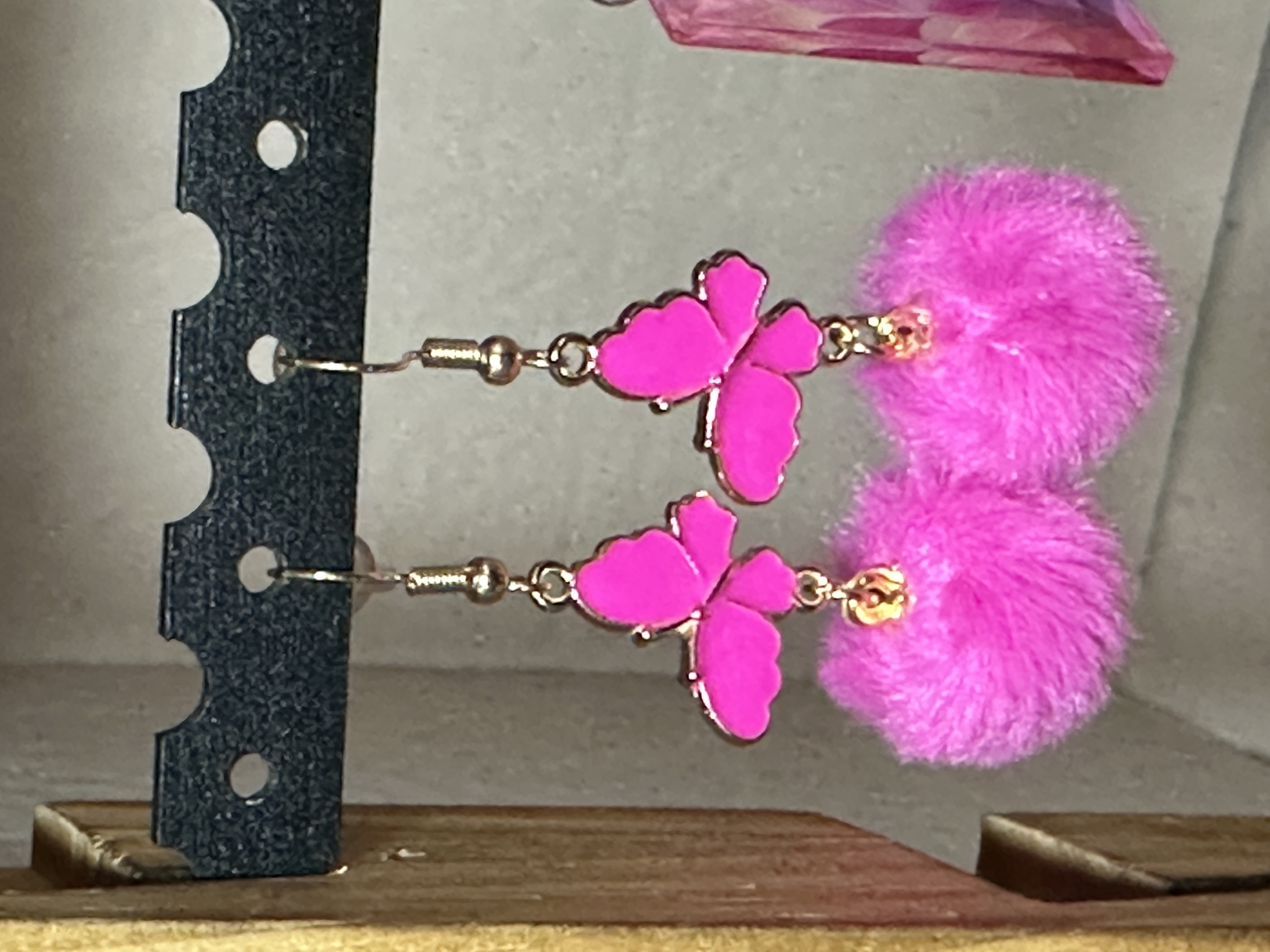 Pink Butterfly & Pom Pom Earrings