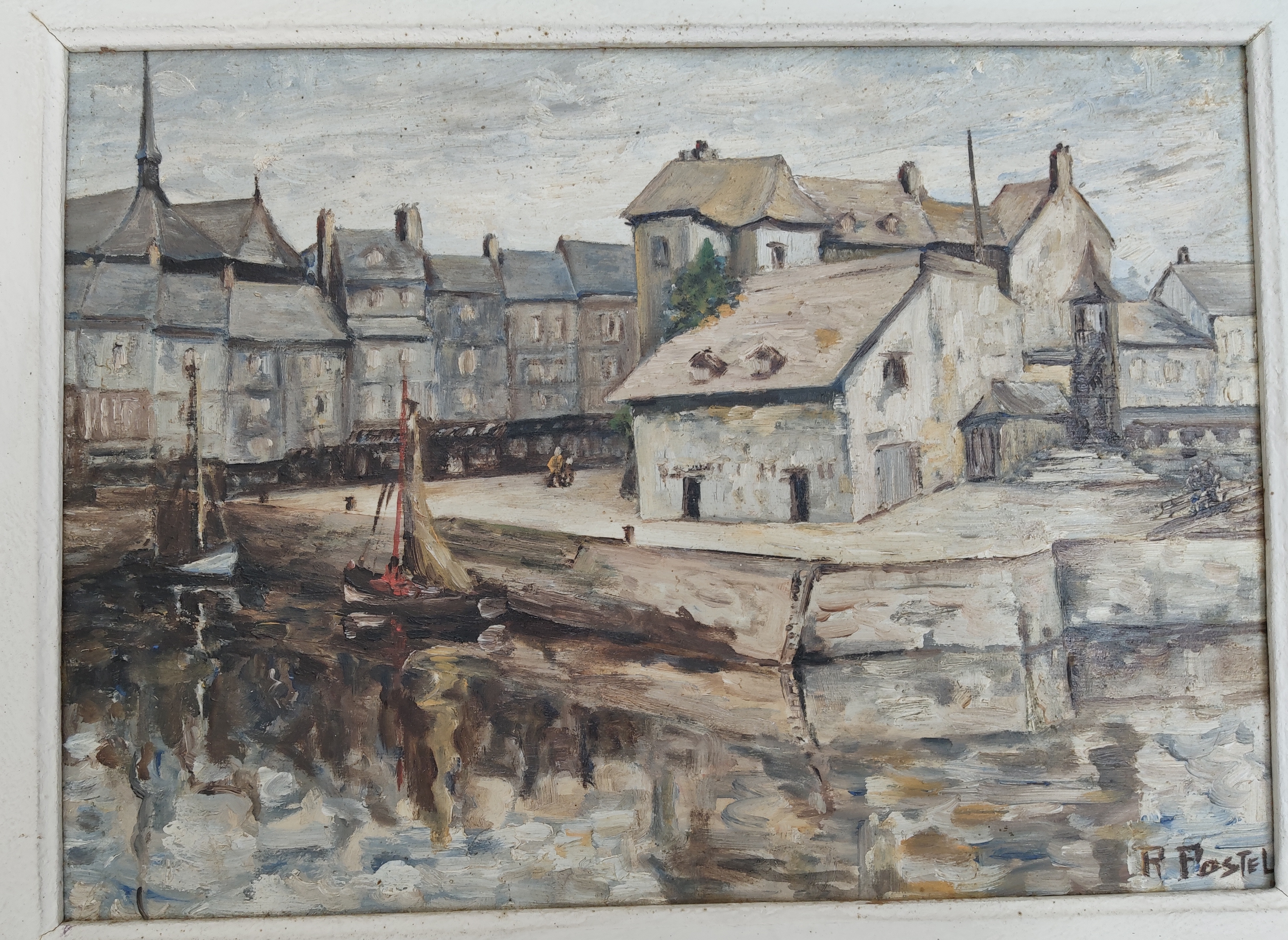 Peinture à l'huile ancienne sur bois vers 1950. Signée R Postel