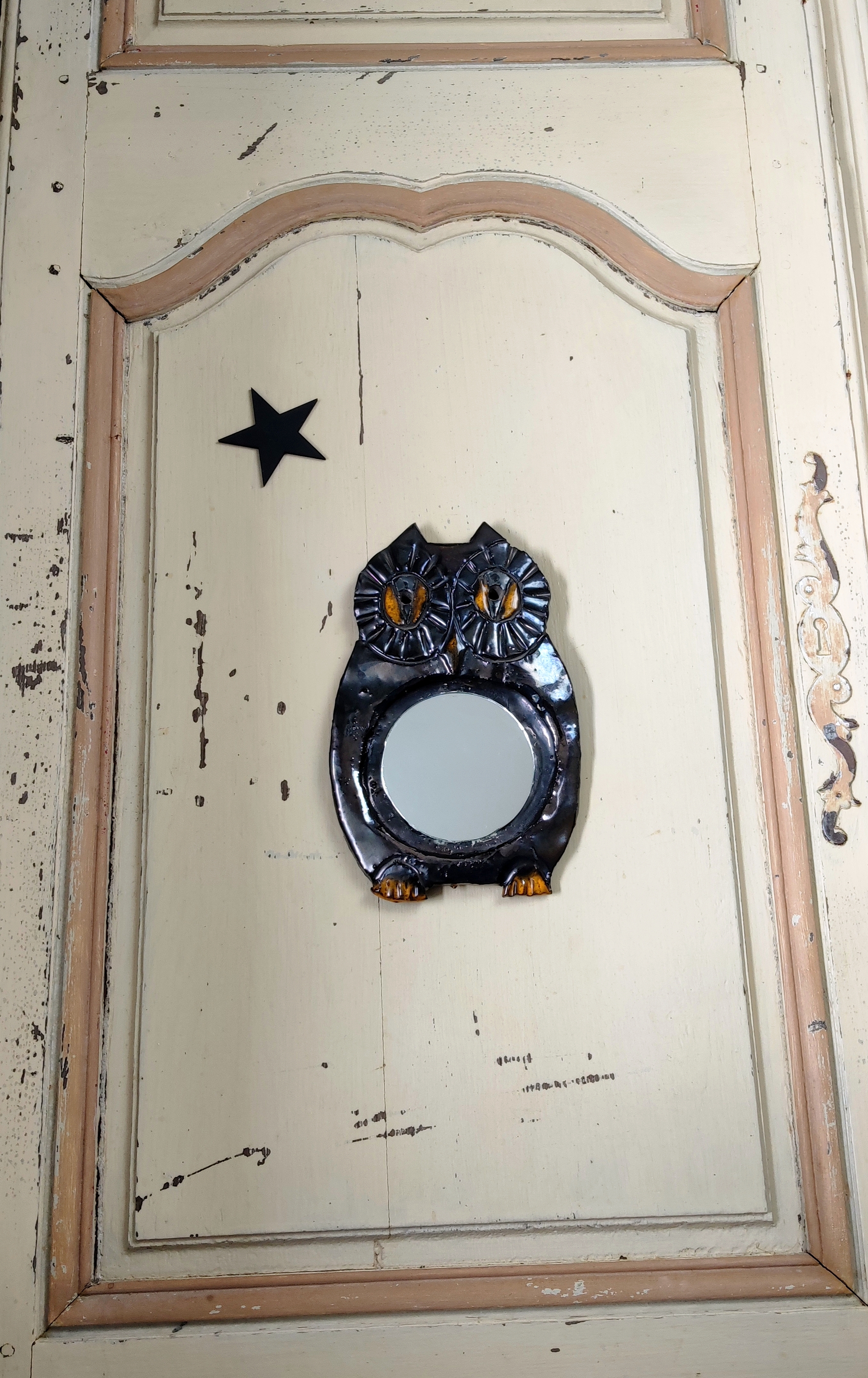 Miroir Hibou / chouette Vintage vers 1970 signé Goudin en terre cuite vernissée