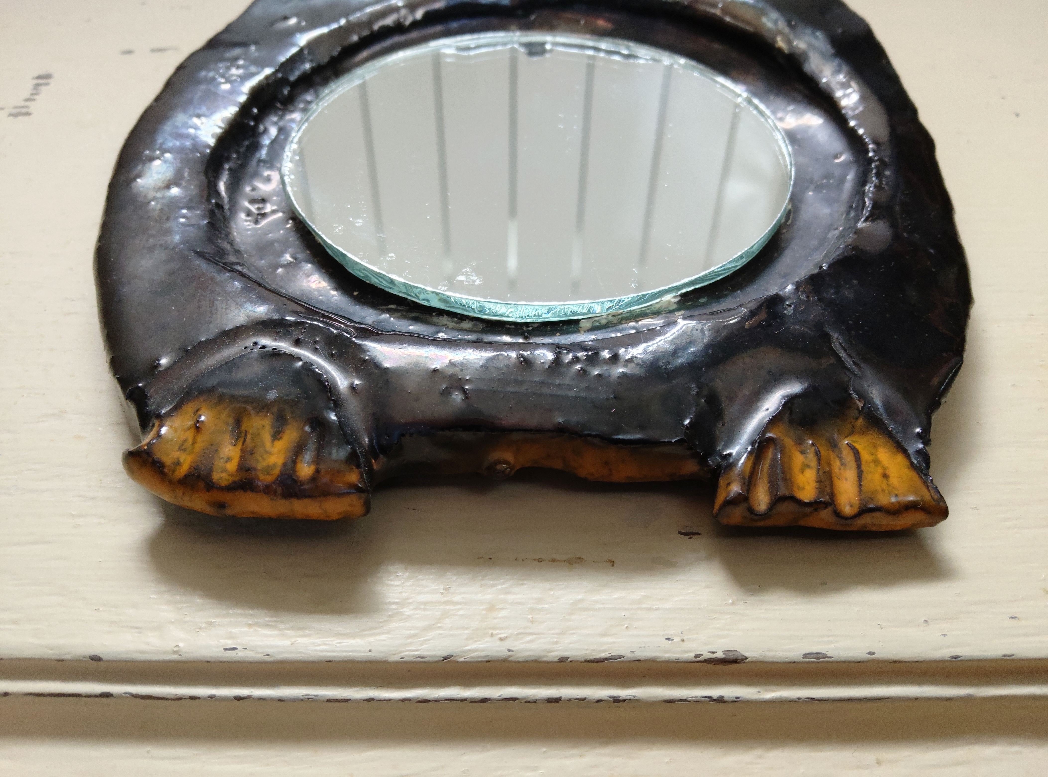 Miroir Hibou / chouette Vintage vers 1970 signé Goudin en terre cuite vernissée