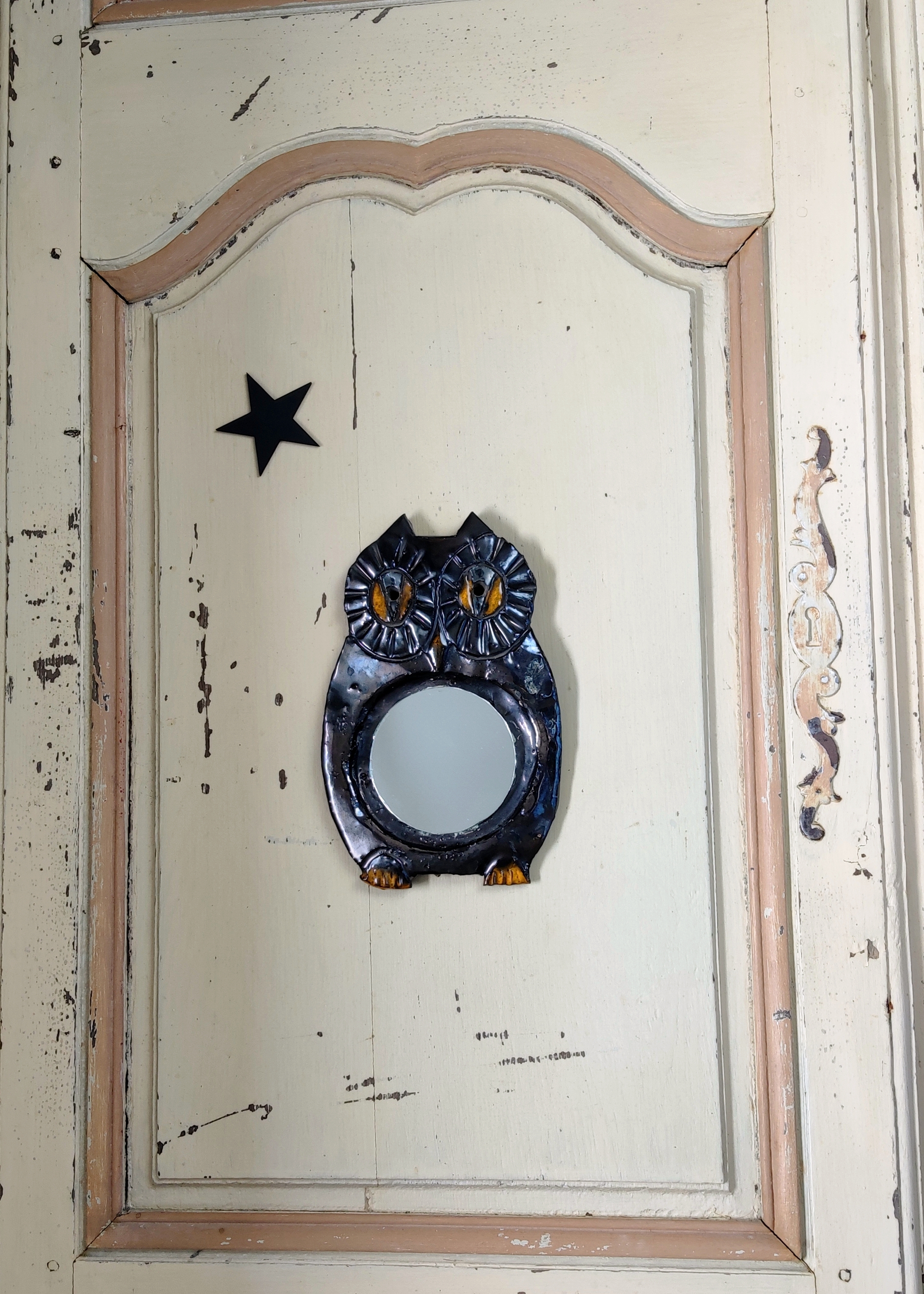 Miroir Hibou / chouette Vintage vers 1970 signé Goudin en terre cuite vernissée