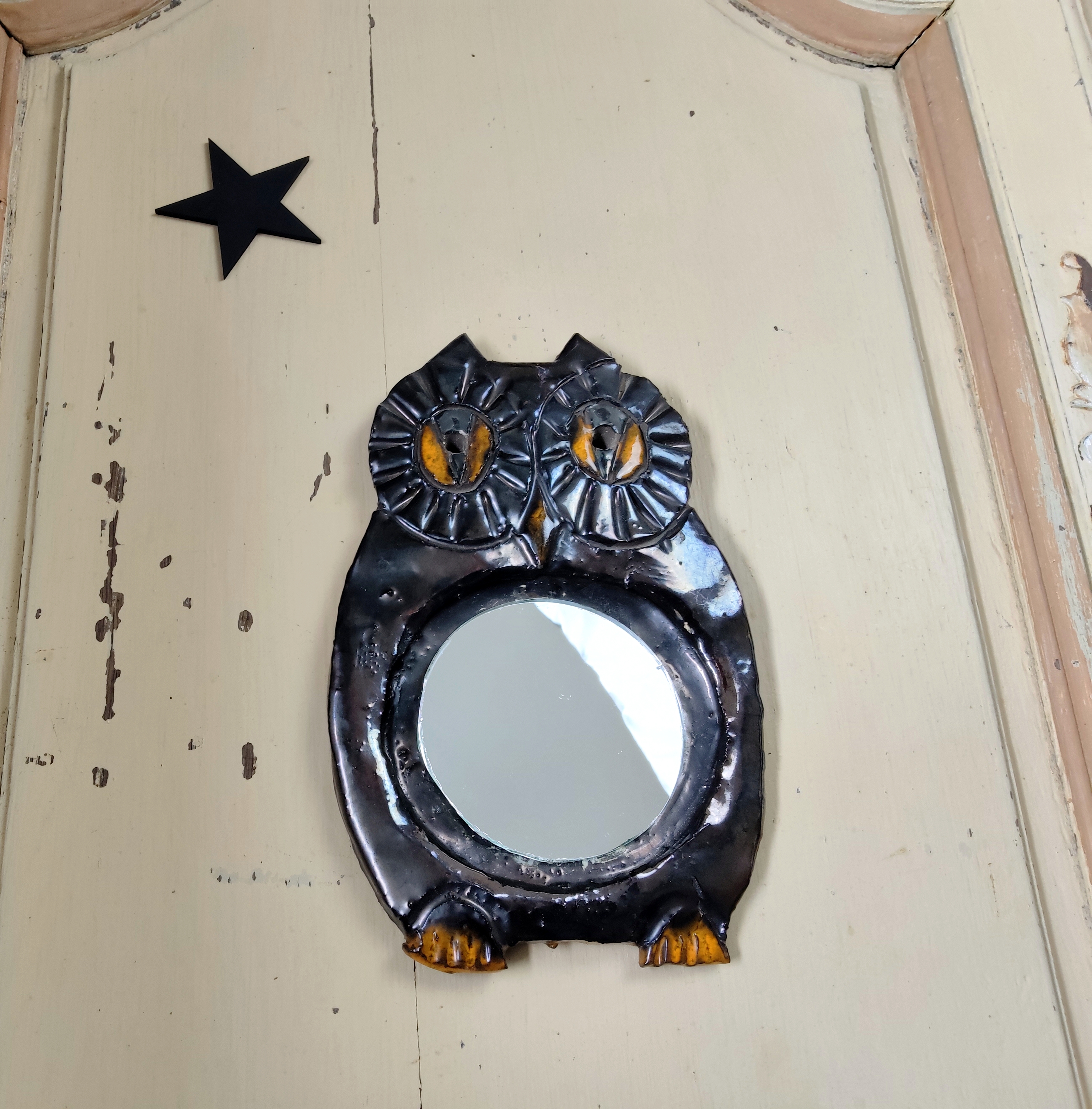 Miroir Hibou / chouette Vintage vers 1970 signé Goudin en terre cuite vernissée