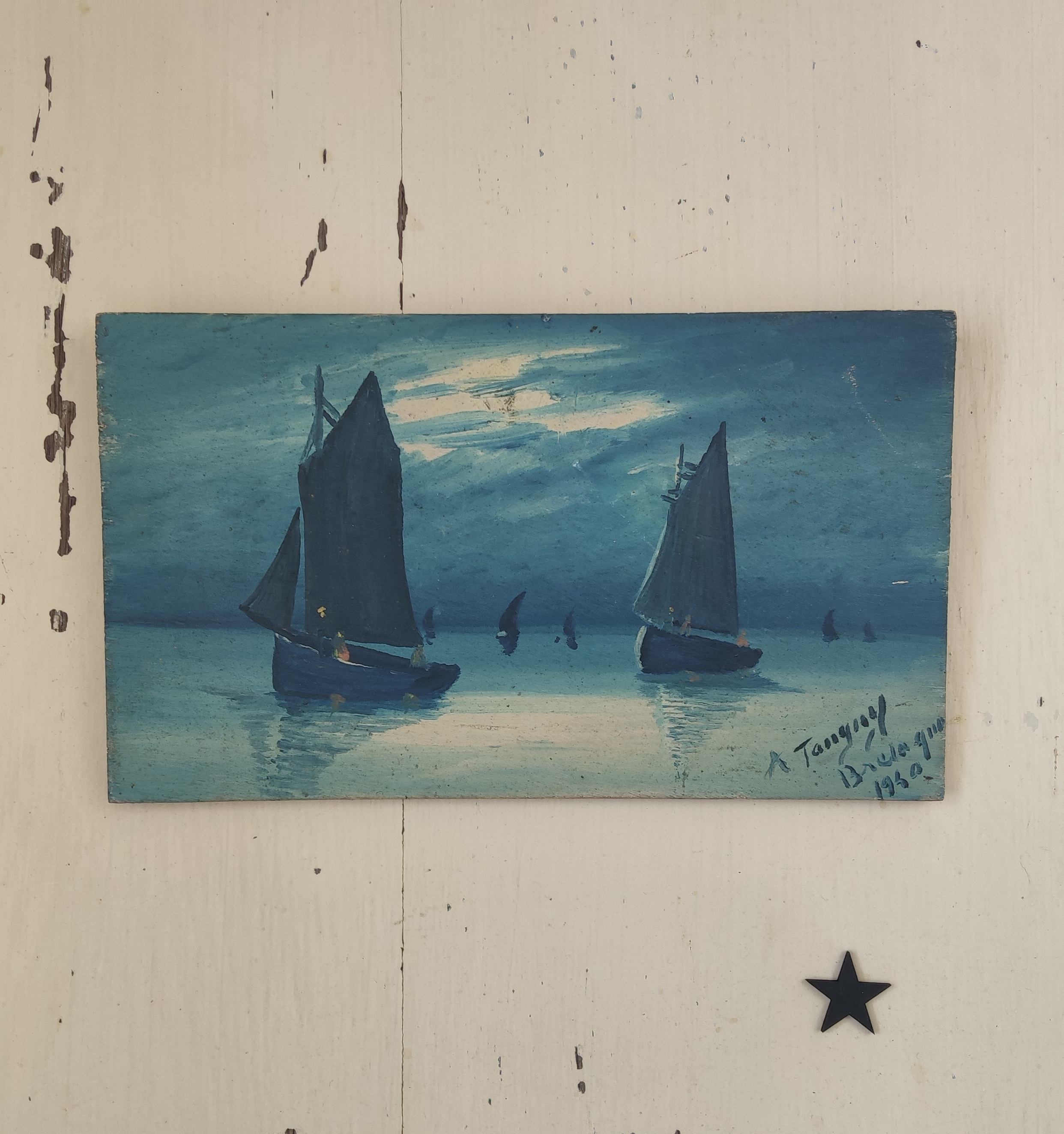 Peinture ancienne sur bois. Marine signée A Tanguy Bretagne 1940