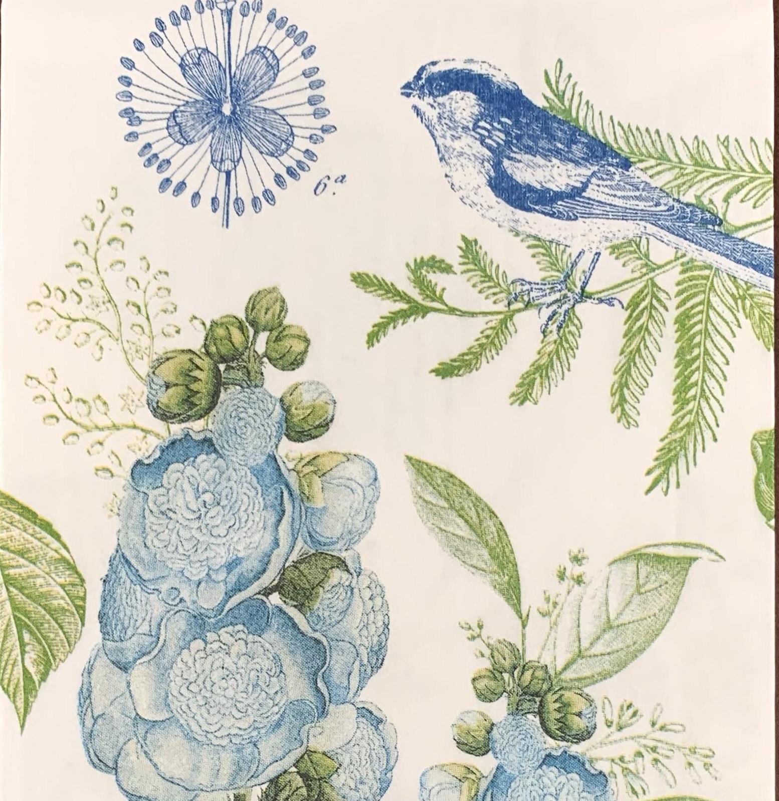 Decoupage Napkins, Blue Birds Flowers Green Branch Napkins, Set of 2 Dinner Size, #116