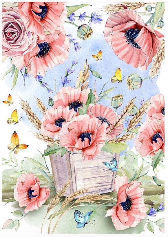 Papaver Meadow Rice Paper A4 Size, Floral Butterfly image