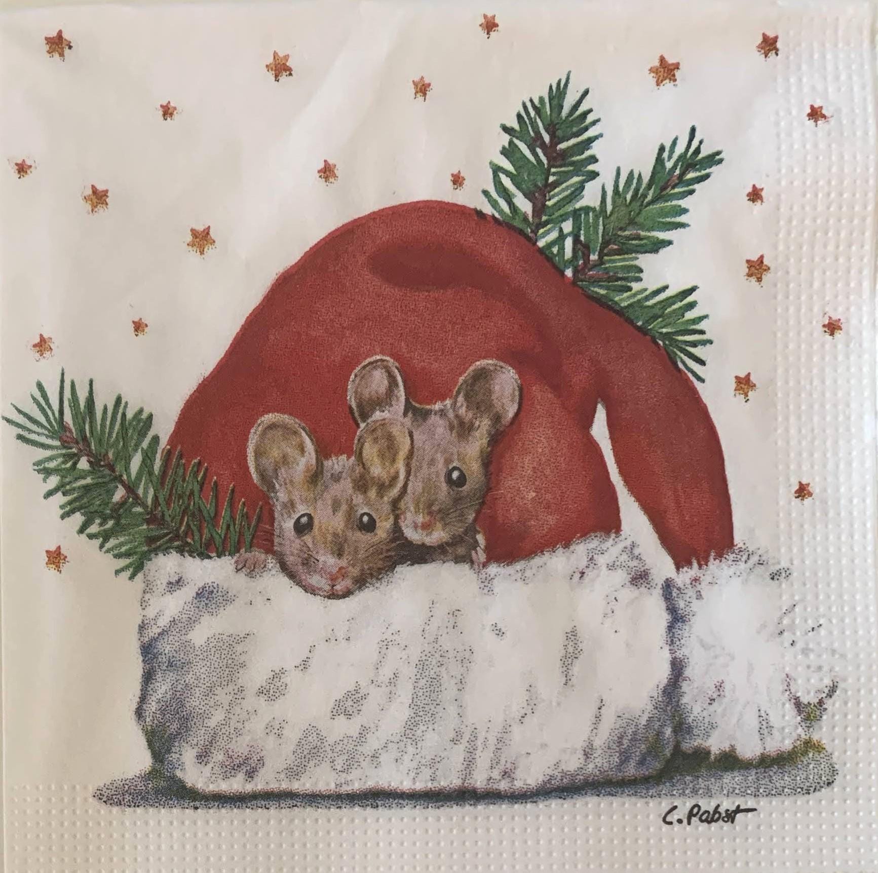 Decoupage Napkins, Mouse Christmas Napkins, Set of 2 Cocktail Size, #0811