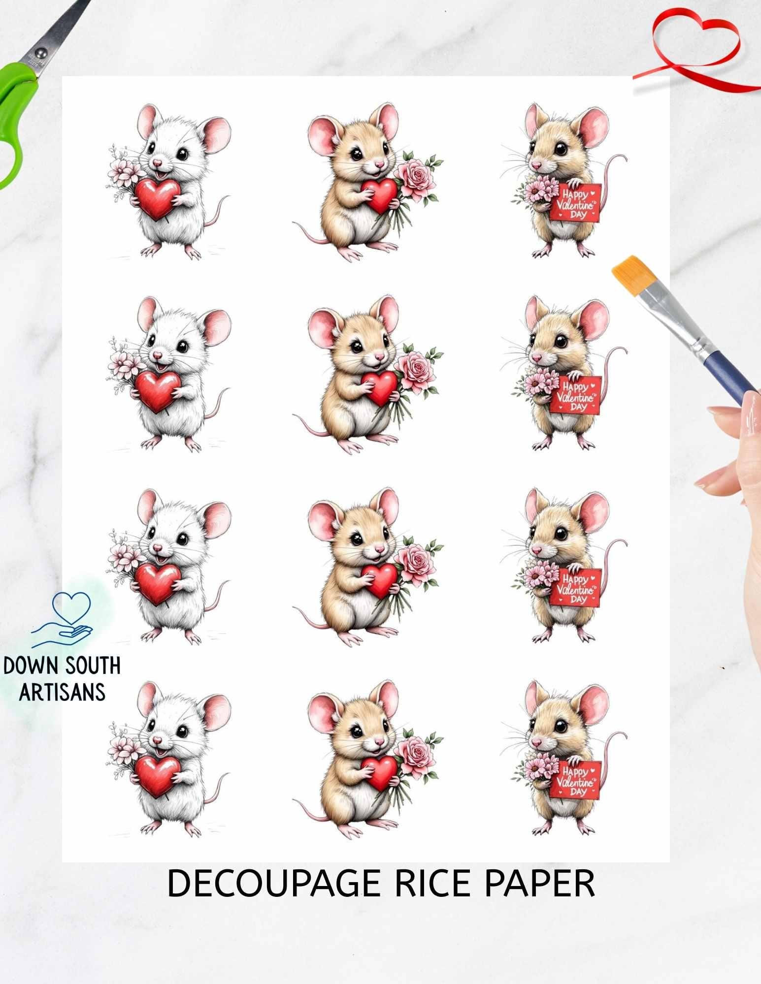 Valentines Day Mouse Rice Paper FREE SHIPPING, Two sizes Decoupage Paper, RPValMouse1