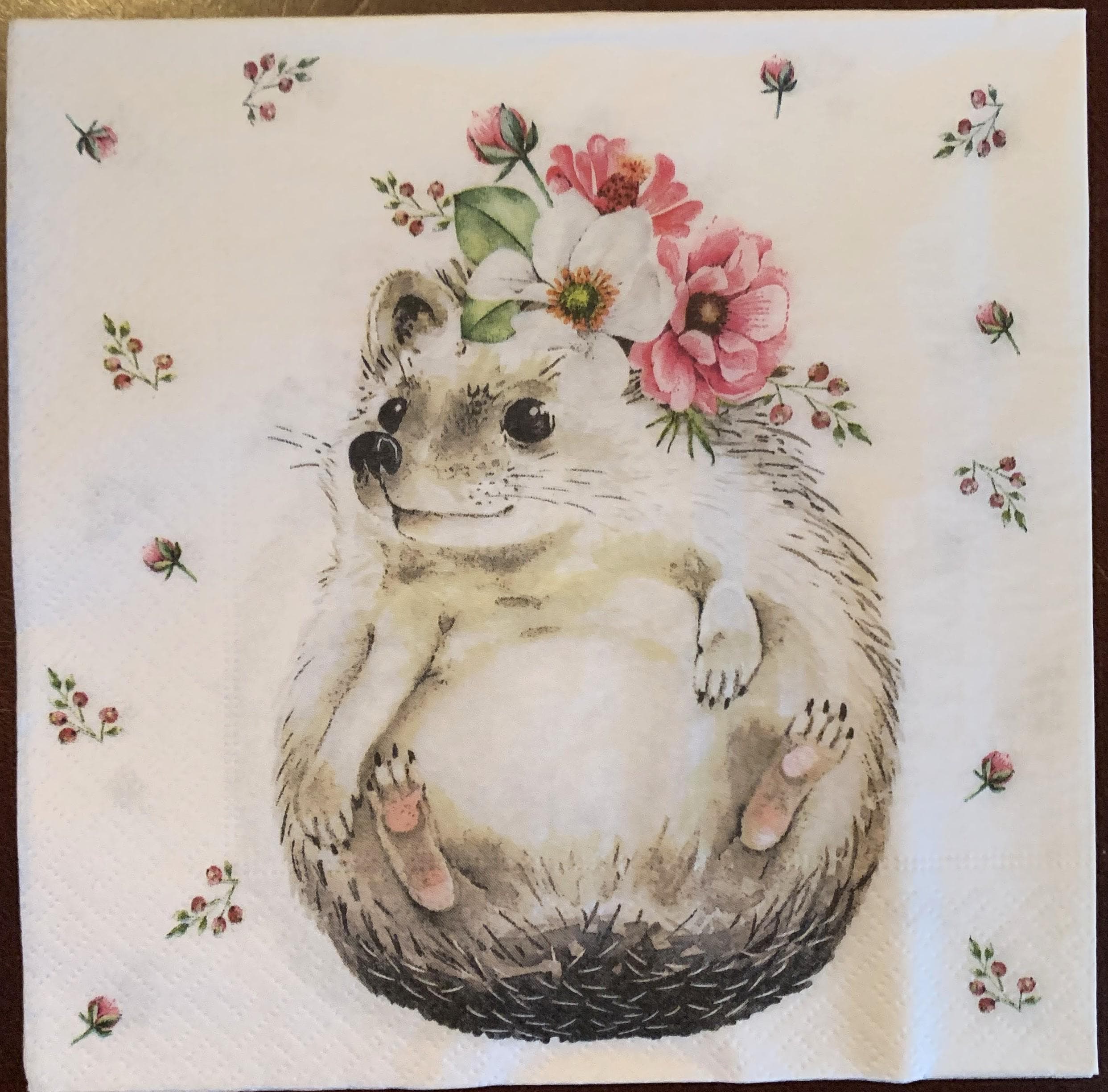 Decoupage Napkins, Sweet Hedgehog Flowers Napkins, Set of 2 Lunch Size, #149