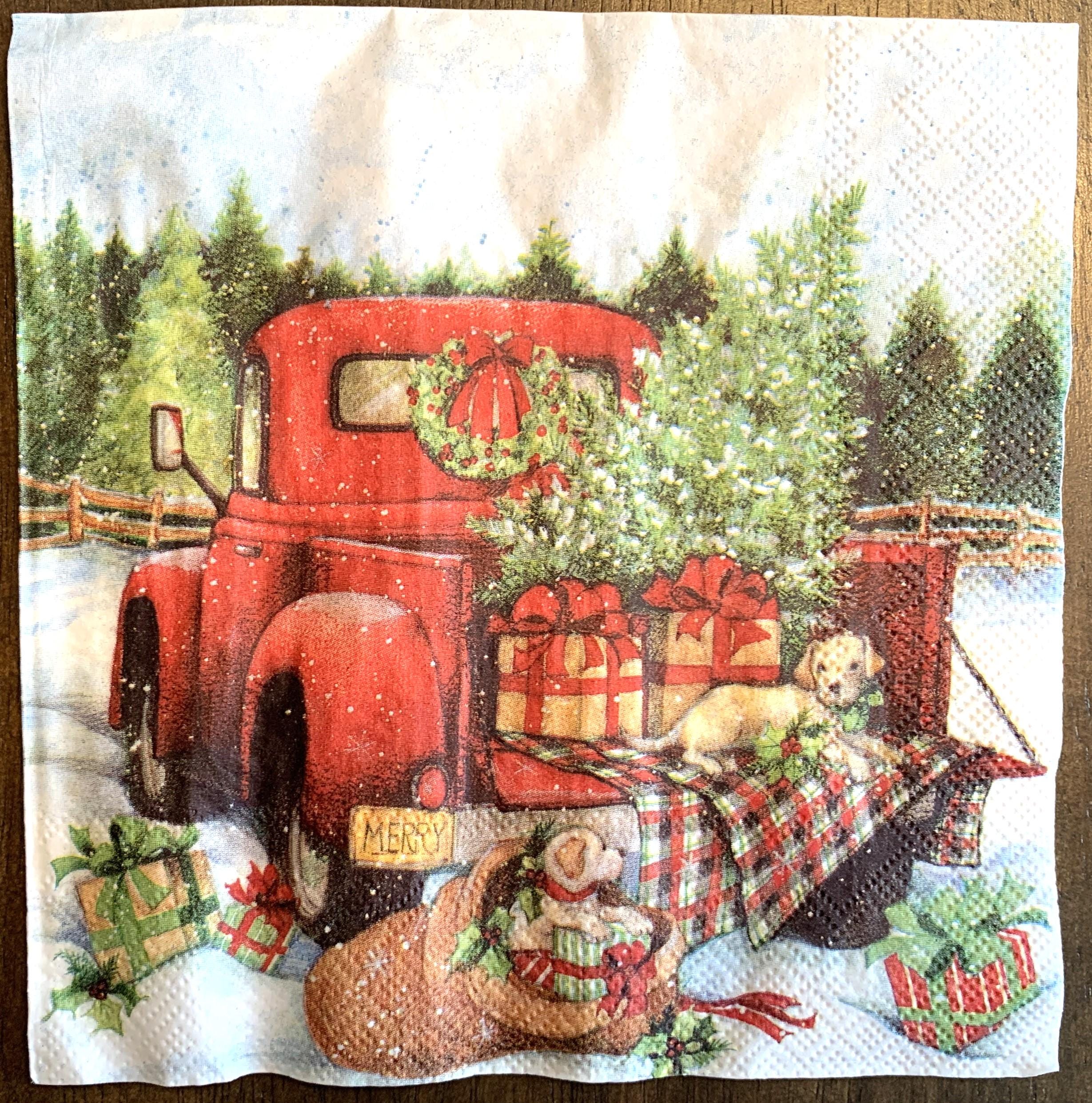 Decoupage Napkins, Red Farm Truck dogs Christmas Craft Napkins, Set of 2 Lunch Size, #811
