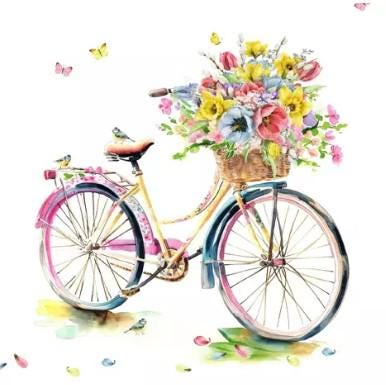 Decoupage Napkins, Bicycle with Flowers Craft Napkins, Set of 2 Lunch Size, #395