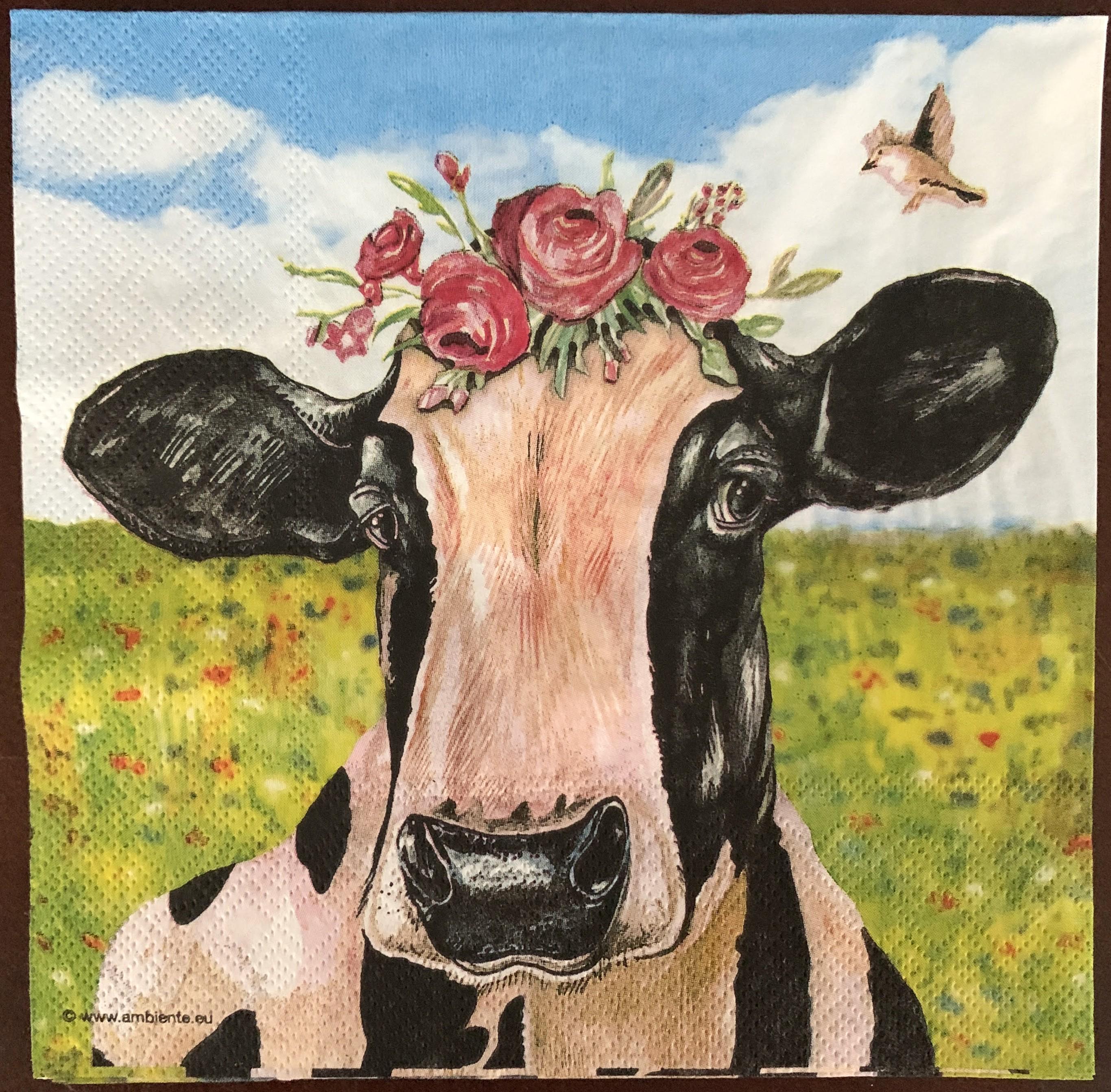 Decoupage Napkins, Mia Floral Cow Napkins, Set of 2 Lunch Size, #135
