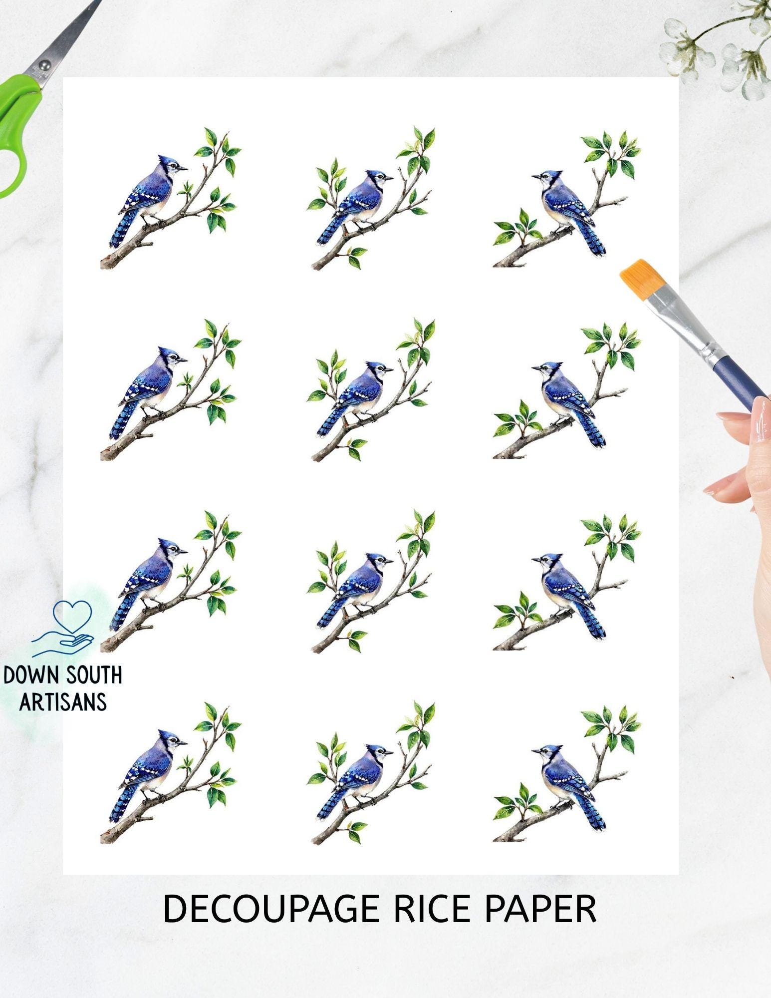 Blue Jay Rice Paper FREE SHIPPING, 2 inch images, Decoupage Paper, Bluejay2