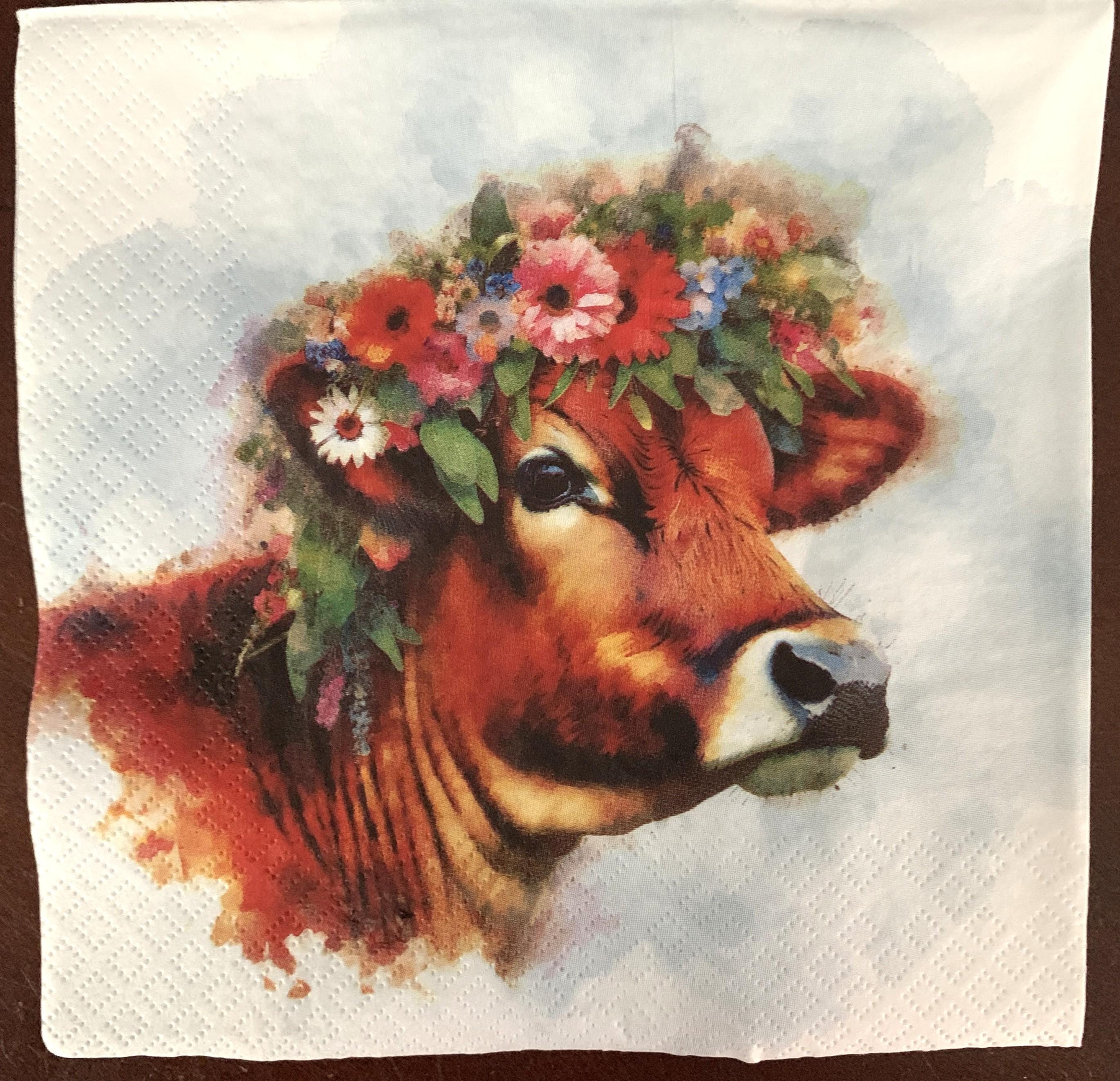 Decoupage Napkins, Floral Cow Napkins, Set of 2 Lunch Size, #133