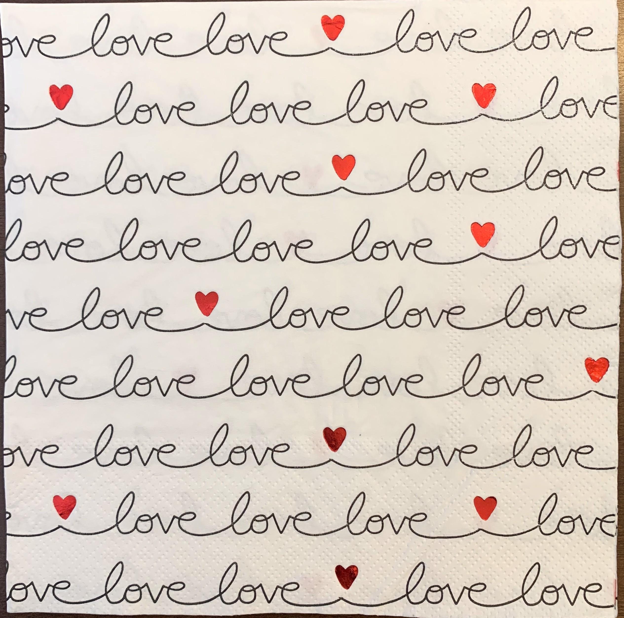 Decoupage Napkins, Text Love Hearts Craft Napkins, Set of 2 Lunch Size, #739 Valentines Day Paper Napkins