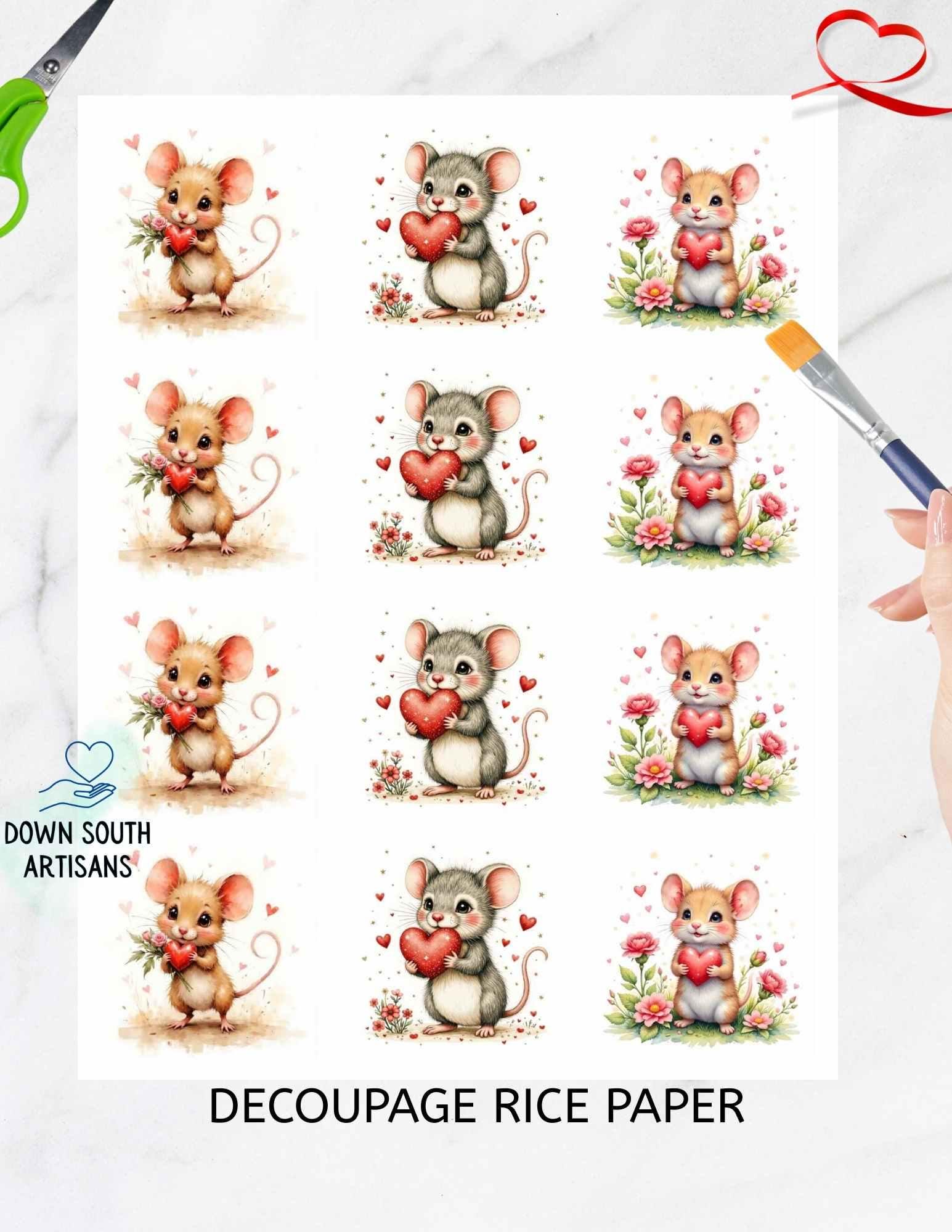 Valentines Day Mouse Rice Paper FREE SHIPPING, Two sizes Decoupage Paper, RPValMouse3