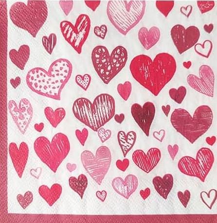 Decoupage Napkins, Red Hearts Craft Napkins, Set of 2 Lunch Size, #733 Valentines Day Paper Napkins
