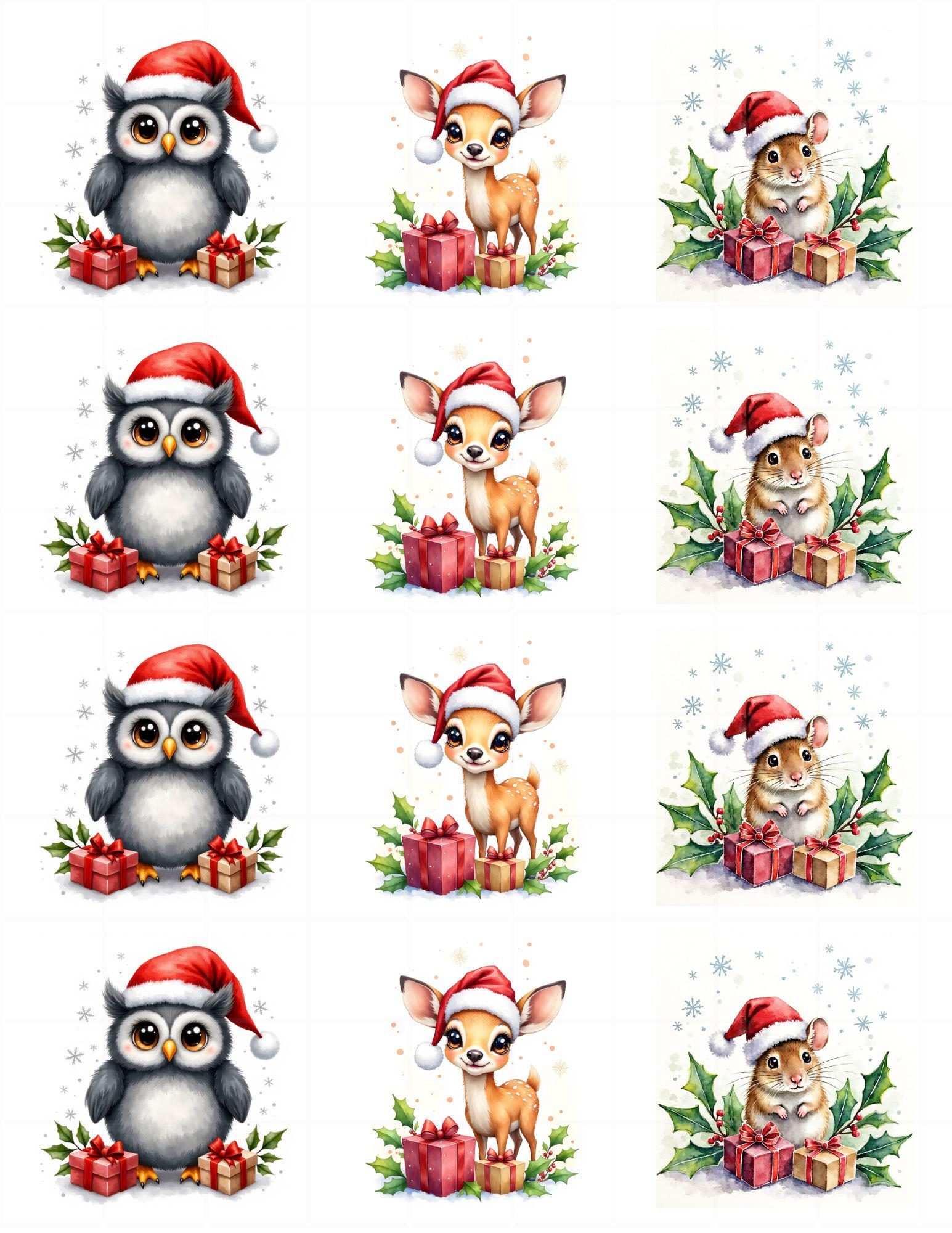 Christmas Animals Rice Paper, 2.5 inch images, Rice Paper, Cute Animals Christmas Decoupage Paper, xmasanimals1