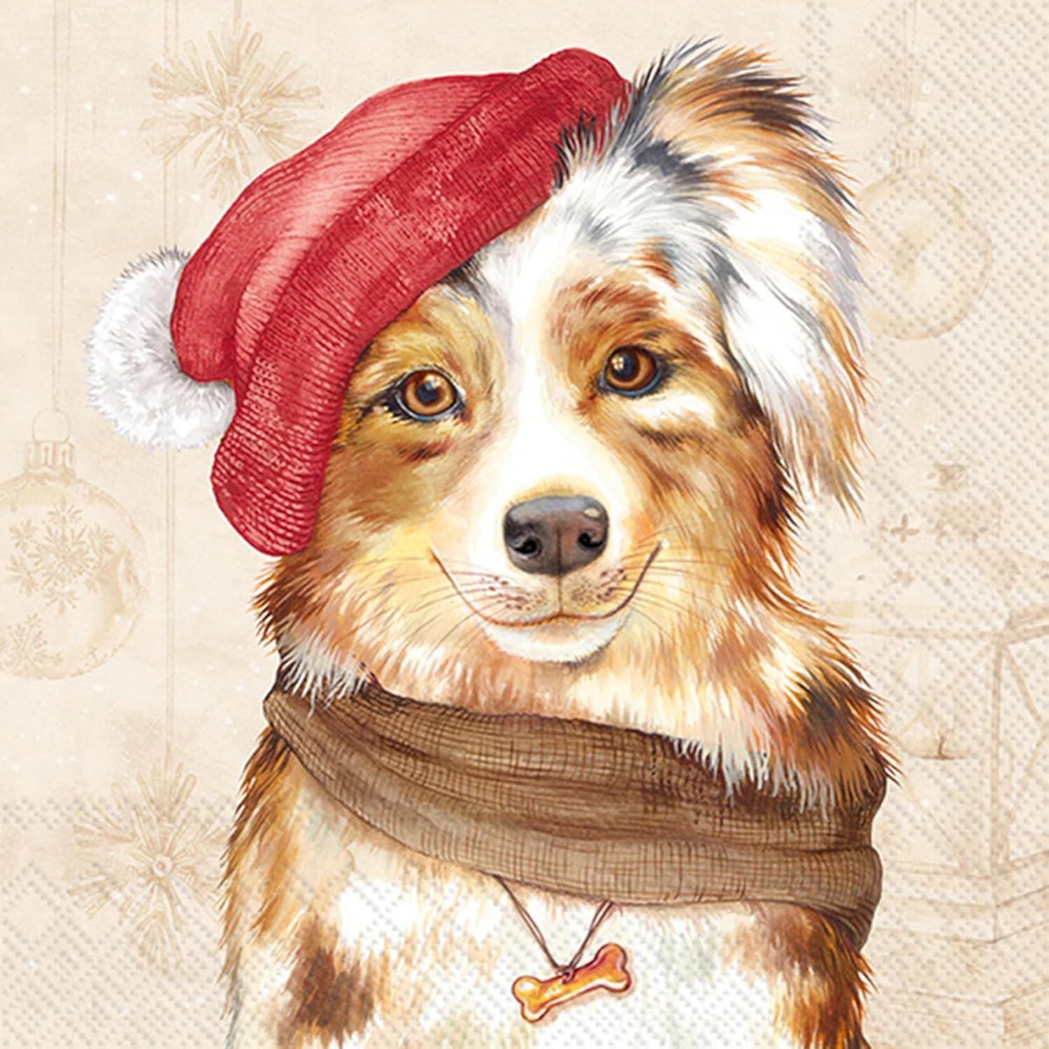 Decoupage Napkins, Dog in a Santa Hat Napkins, Set of 2 Cocktail Size, #0880