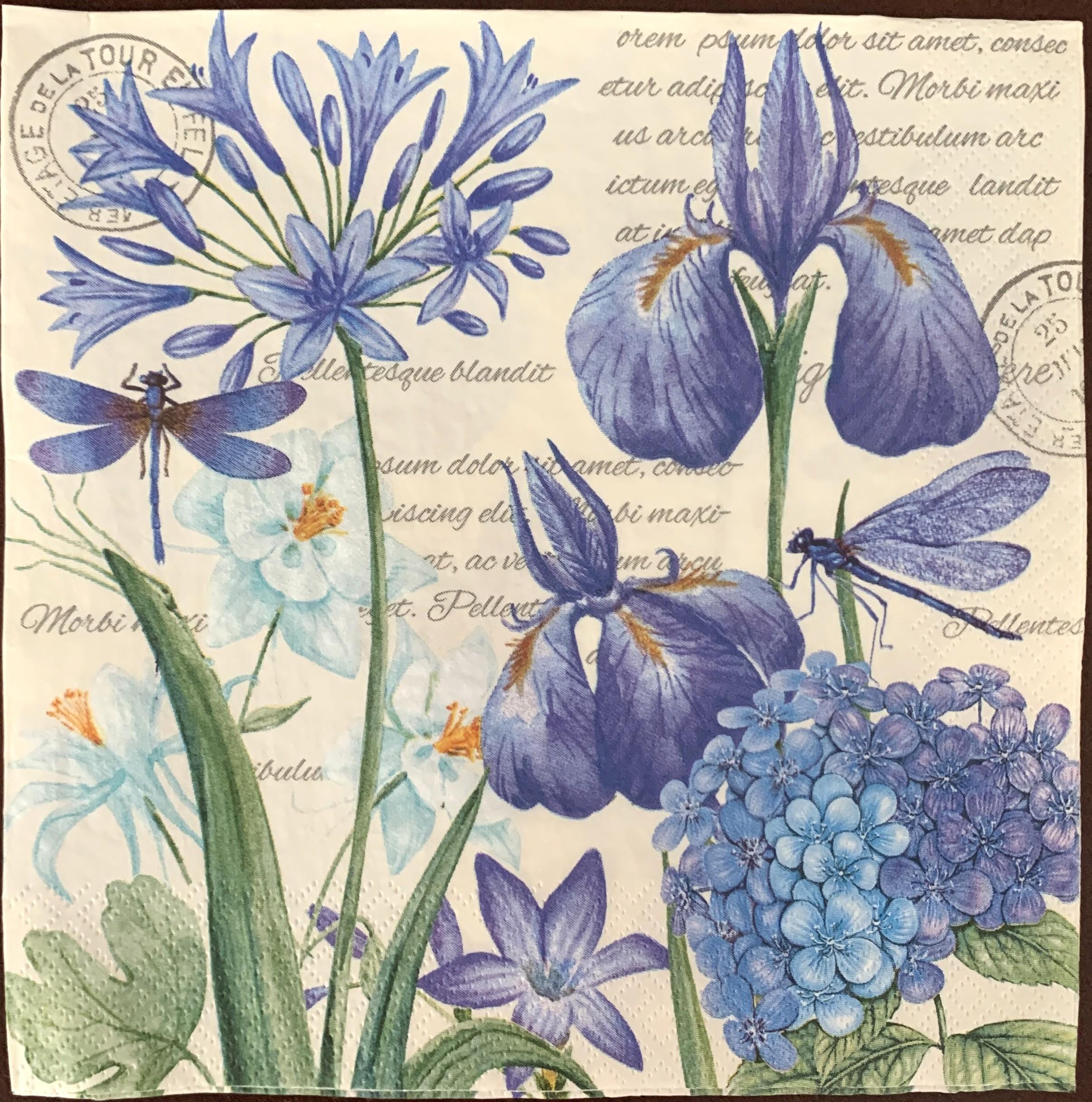 Decoupage Napkins, Iris, Hydrangea and Dragonflies Craft Napkins, Set of 2 Cocktail Size, #0364
